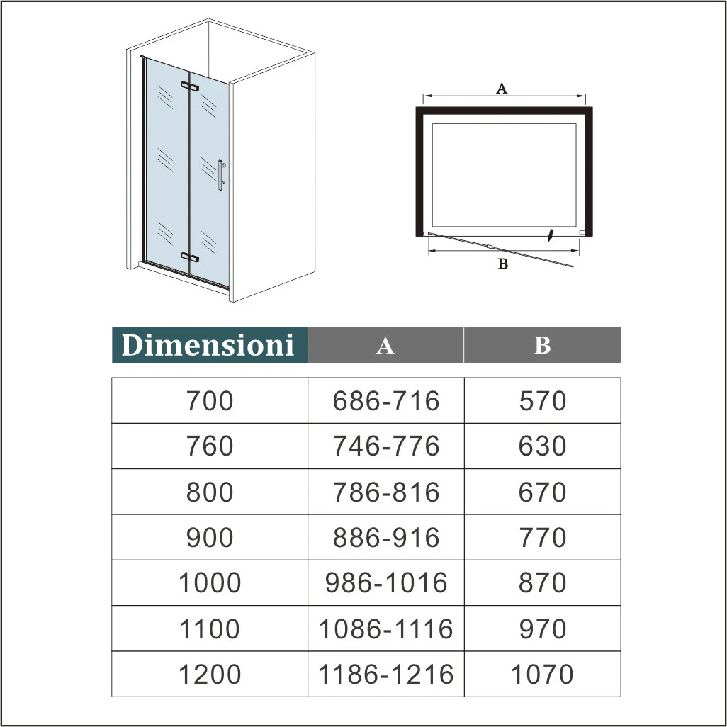 Aica 185 cm Porta Doccia Per Nicchia Battente e Pieghevole a Libro In Vetro Temperato Trasparente Anticalcare Da 6 mm - Image 9