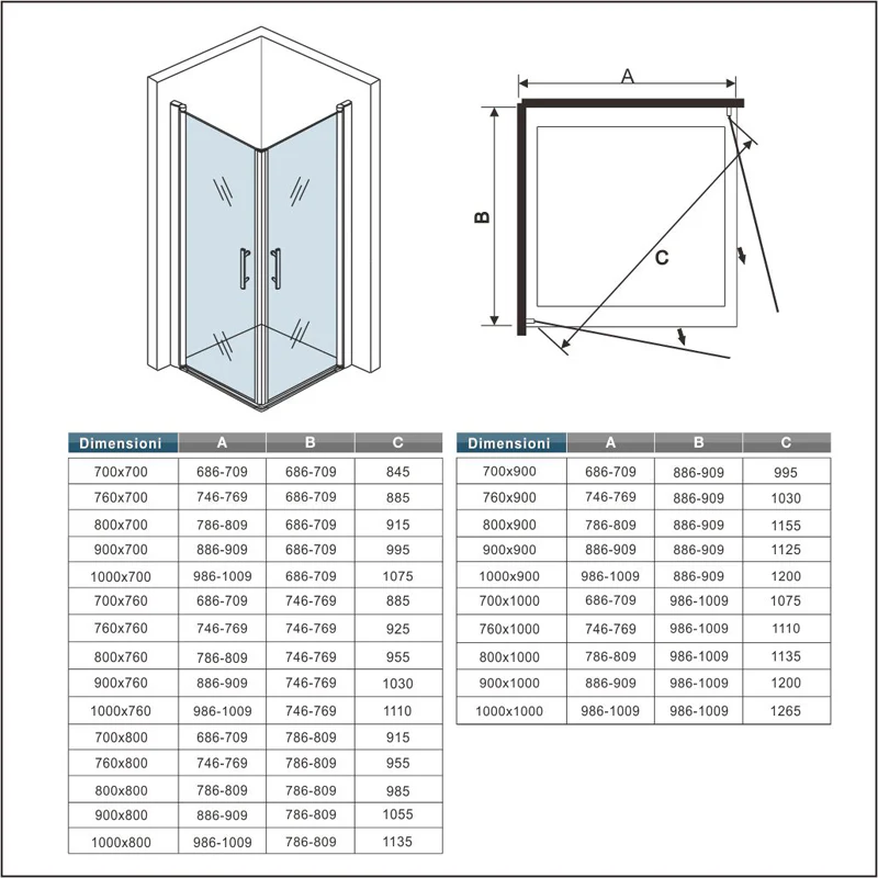 Aica 187/197 cm Box Doccia Angolare Doppia Porta a Battente Rotazione Di 180 Gradi In Vetro Temperato 6mm Anticalcare Trasparente - Image 5