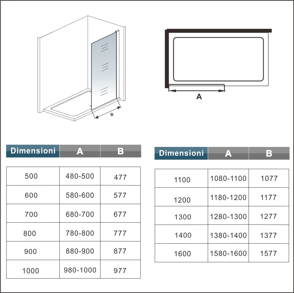 Aica Parete Per Doccia 200cm Walk-In Vetro Temperato Trasparente Anticalcare 8 mm Serigrafato Nero con Riquadri Barra Stabilizzatrice Nero Opaco - Image 11