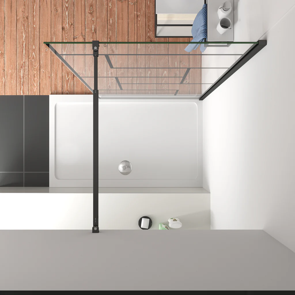 Aica Parete Per Doccia 200cm Walk-In Vetro Temperato Trasparente Anticalcare 8 mm Serigrafato Nero con Riquadri Barra Stabilizzatrice Nero Opaco - Image 3