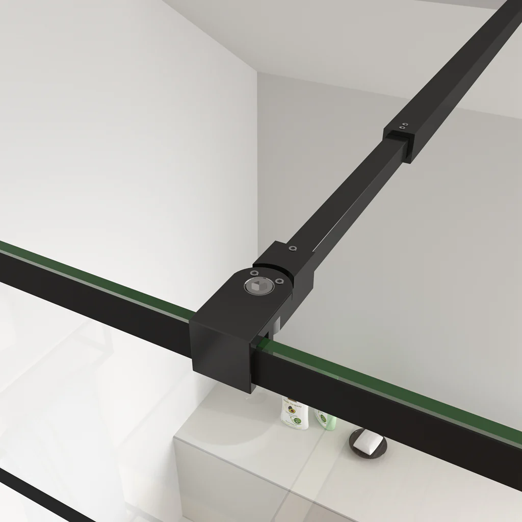 Aica Parete Per Doccia 200cm Walk-In Vetro Temperato Trasparente Anticalcare 8 mm Serigrafato Nero con Riquadri Barra Stabilizzatrice Nero Opaco - Image 4