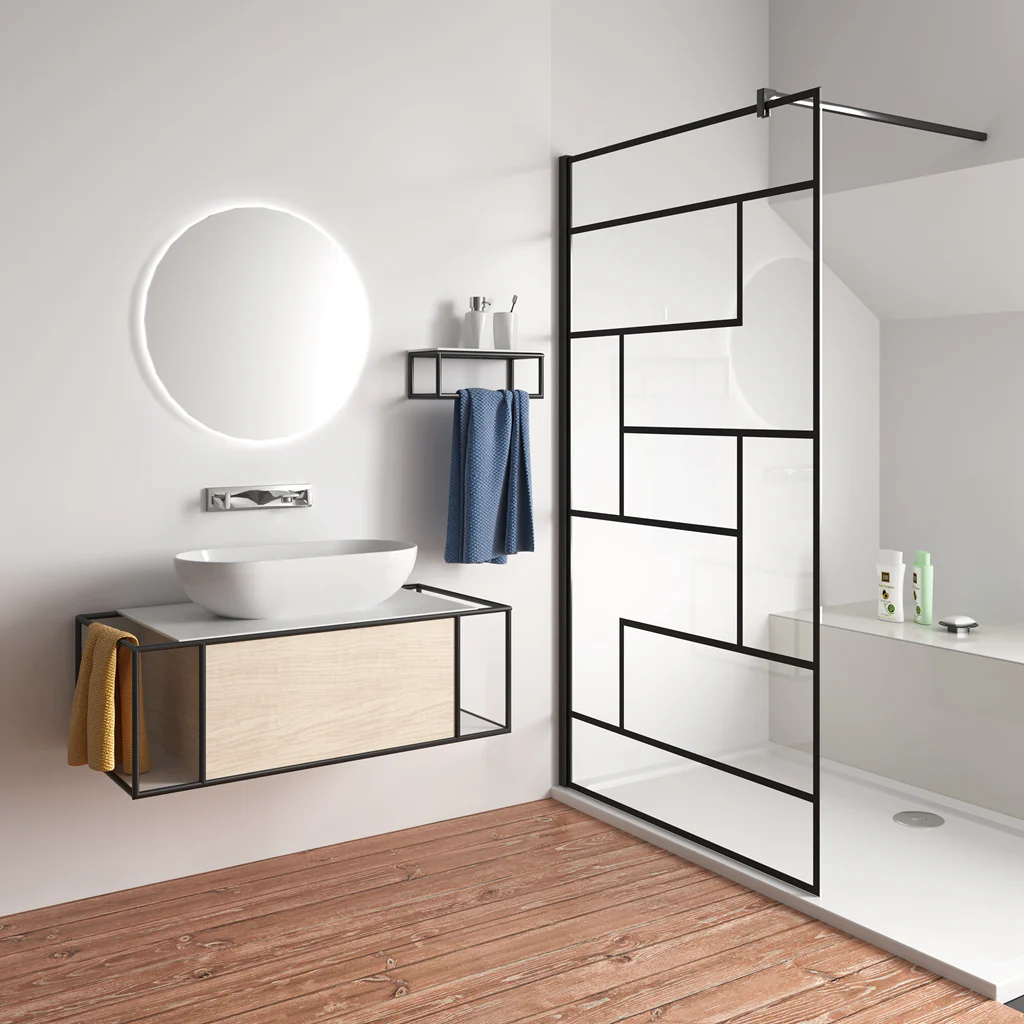 Aica Parete Per Doccia 200cm Walk-In Vetro Temperato Trasparente Anticalcare 8 mm Serigrafato Nero con Riquadri Barra Stabilizzatrice Nero Opaco - Image 7