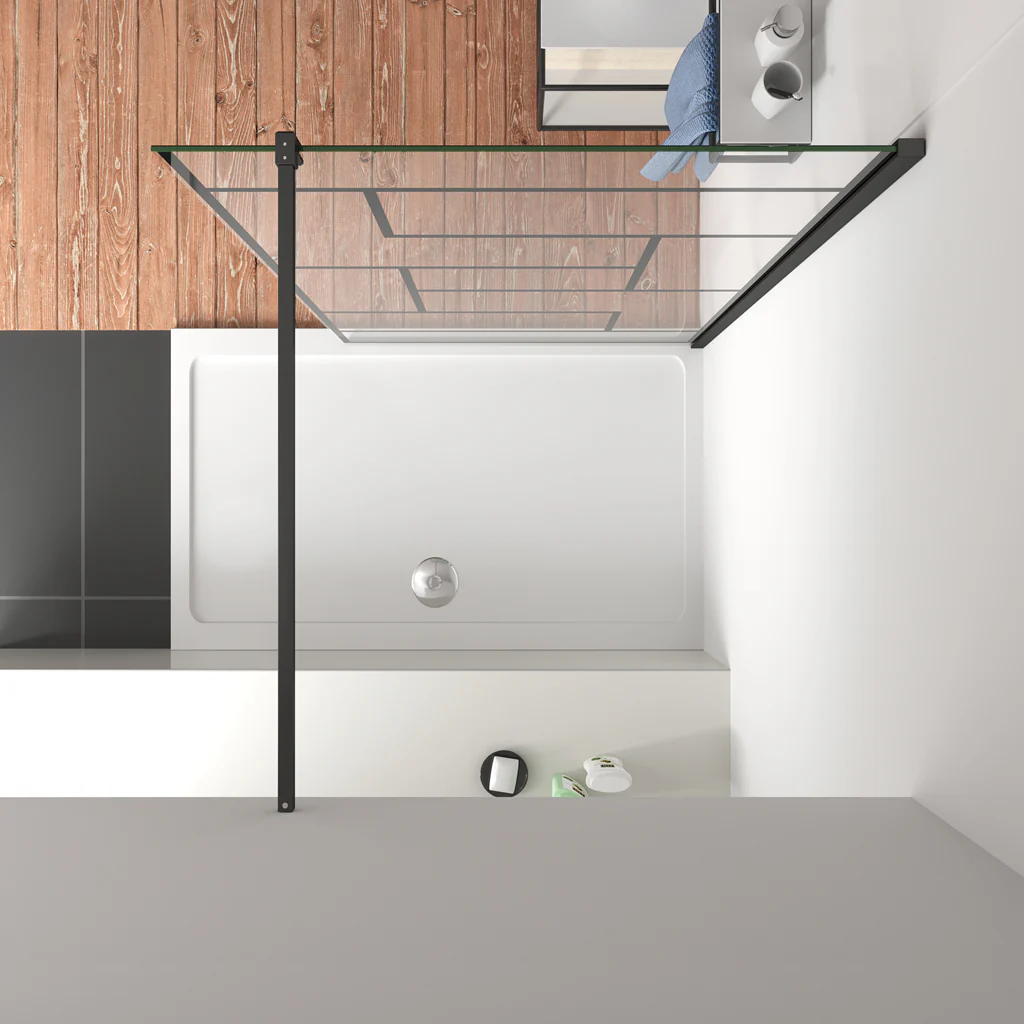 Aica Parete Per Doccia 200cm Walk-In Vetro Temperato Trasparente Anticalcare 8 mm Serigrafato Nero con Riquadri Barra Stabilizzatrice Nero Opaco - Image 8