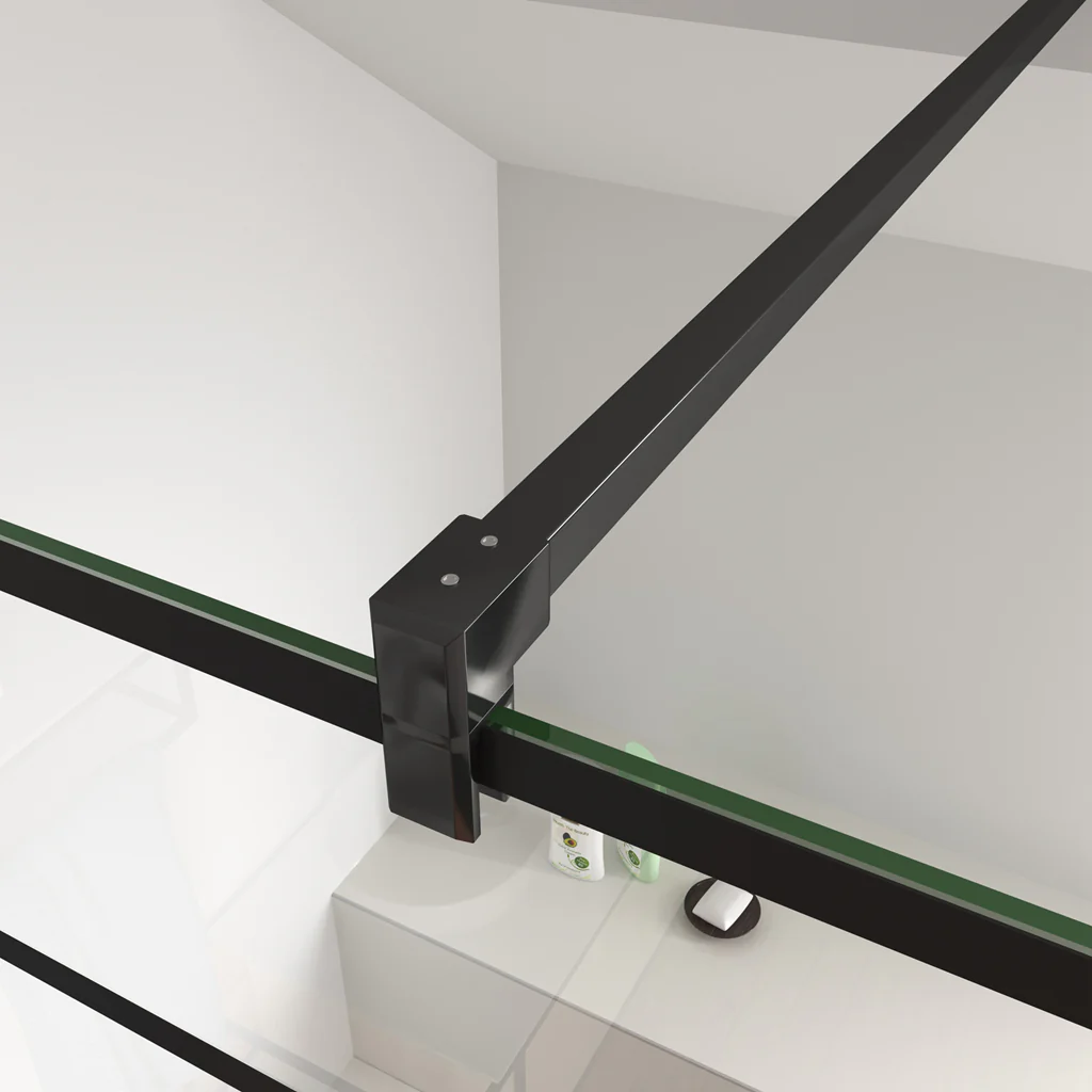 Aica Parete Per Doccia 200cm Walk-In Vetro Temperato Trasparente Anticalcare 8 mm Serigrafato Nero con Riquadri Barra Stabilizzatrice Nero Opaco - Image 9