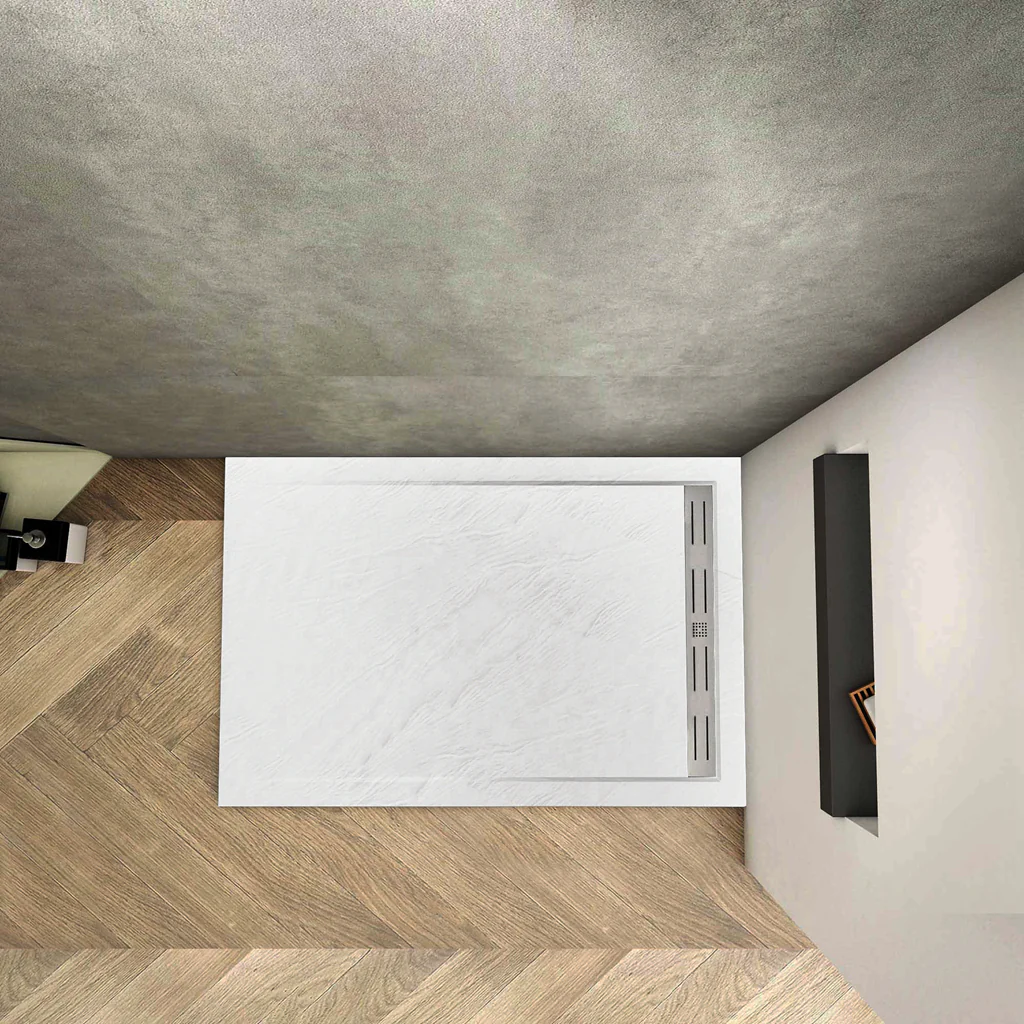 Aica Piatto Doccia Rettangolare In Pietra Vulcanica e Resina Mista Finitura Pietra Bianca Ruvida Ultraslim 3 cm Antiscivolo Antibatterico - Image 3
