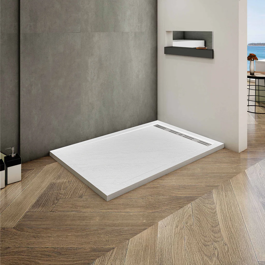 Aica Piatto Doccia Rettangolare In Pietra Vulcanica e Resina Mista Finitura Pietra Bianca Ruvida Ultraslim 3 cm Antiscivolo Antibatterico - Image 4