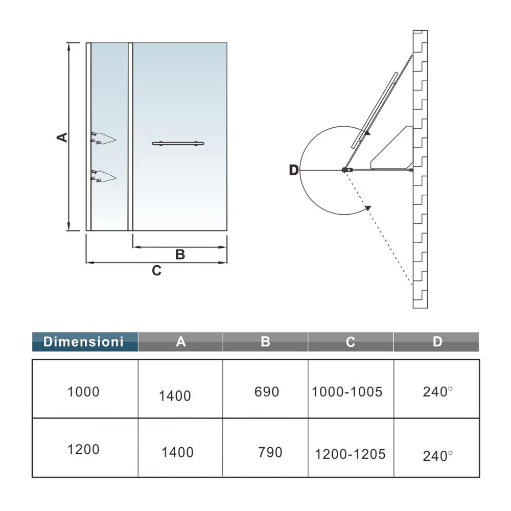 Aica 100x140 cm Sopravasca Parete Per Vasca Girevole 240° Vetro Temperato 6 mm Trasparente Inclusi Due Ripiani Maniglia Portasciugamani - Image 10