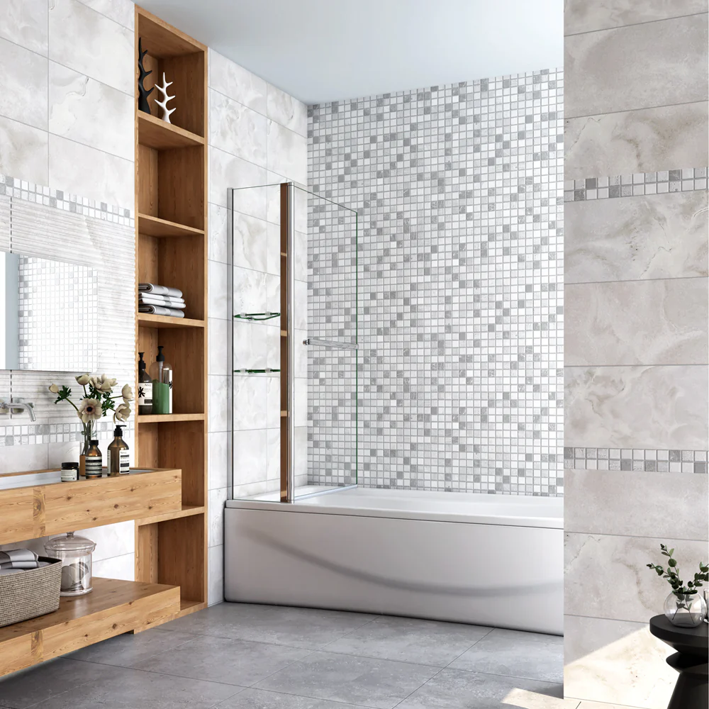 Aica 120x140 cm Sopravasca Parete Per Vasca Girevole 240° Vetro Temperato 6 mm Trasparente Due Ripiani/Mensole Maniglia Portasciugamani - Image 3