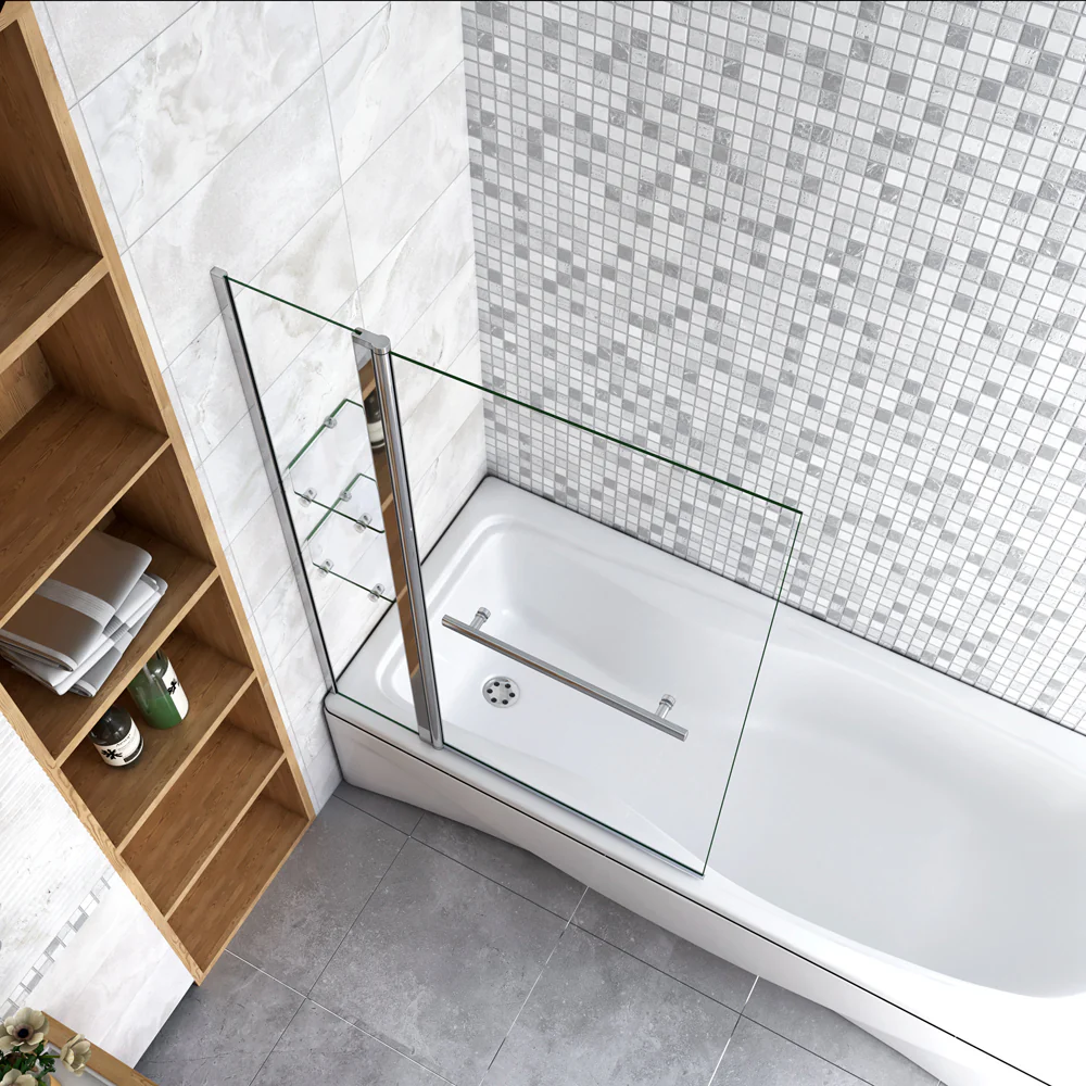 Aica 120x140 cm Sopravasca Parete Per Vasca Girevole 240° Vetro Temperato 6 mm Trasparente Due Ripiani/Mensole Maniglia Portasciugamani - Image 4