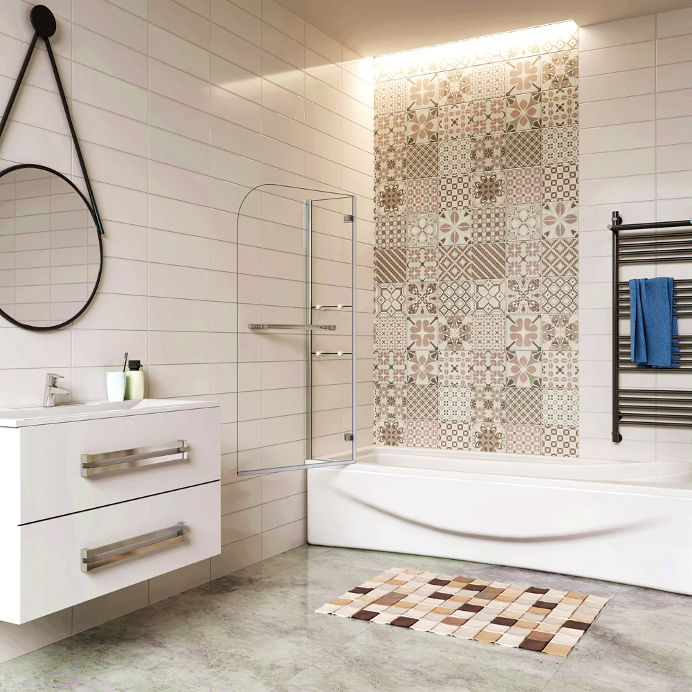 Aica Sopravasca Parete Doccia Per Vasca Girevole Inclusi Due Ripiani Vetro Temperato 5 mm Trasparente Maniglia Porta Asciugamani Alta 140cm - Image 3