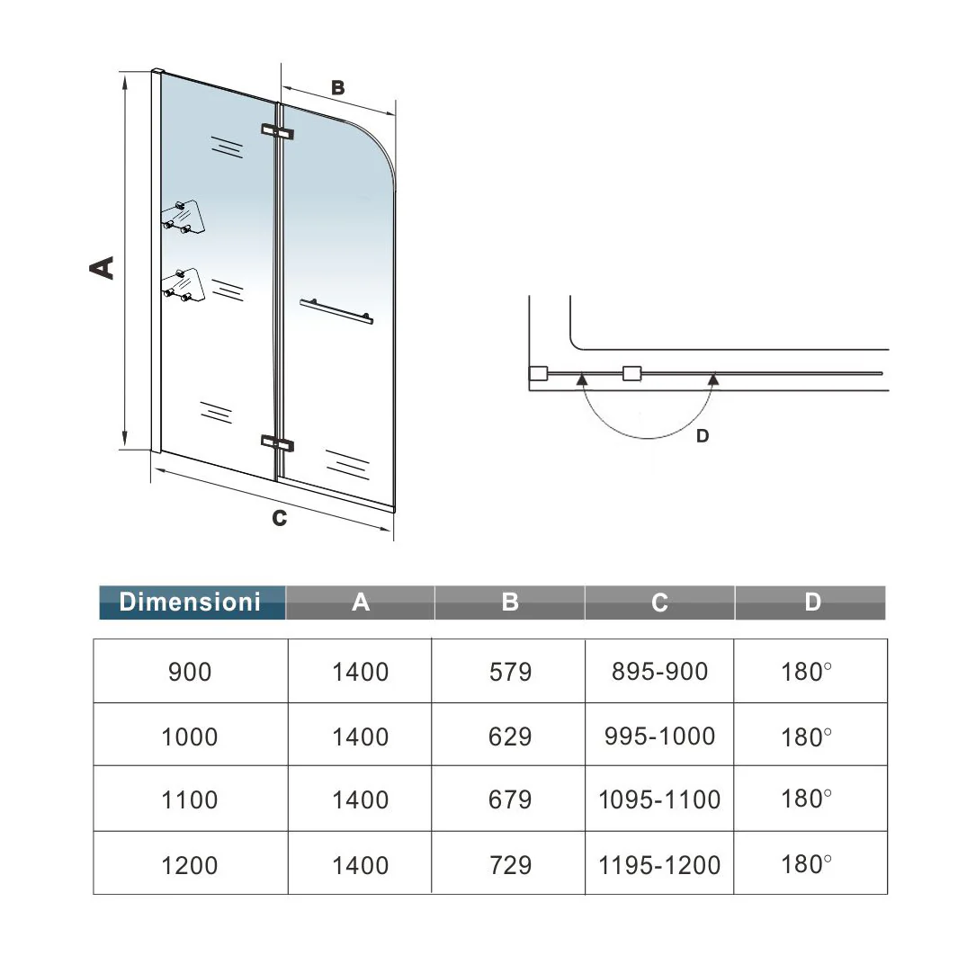 Aica Sopravasca Parete Doccia Per Vasca Girevole Inclusi Due Ripiani Vetro Temperato 5 mm Trasparente Maniglia Porta Asciugamani Alta 140cm - Image 6