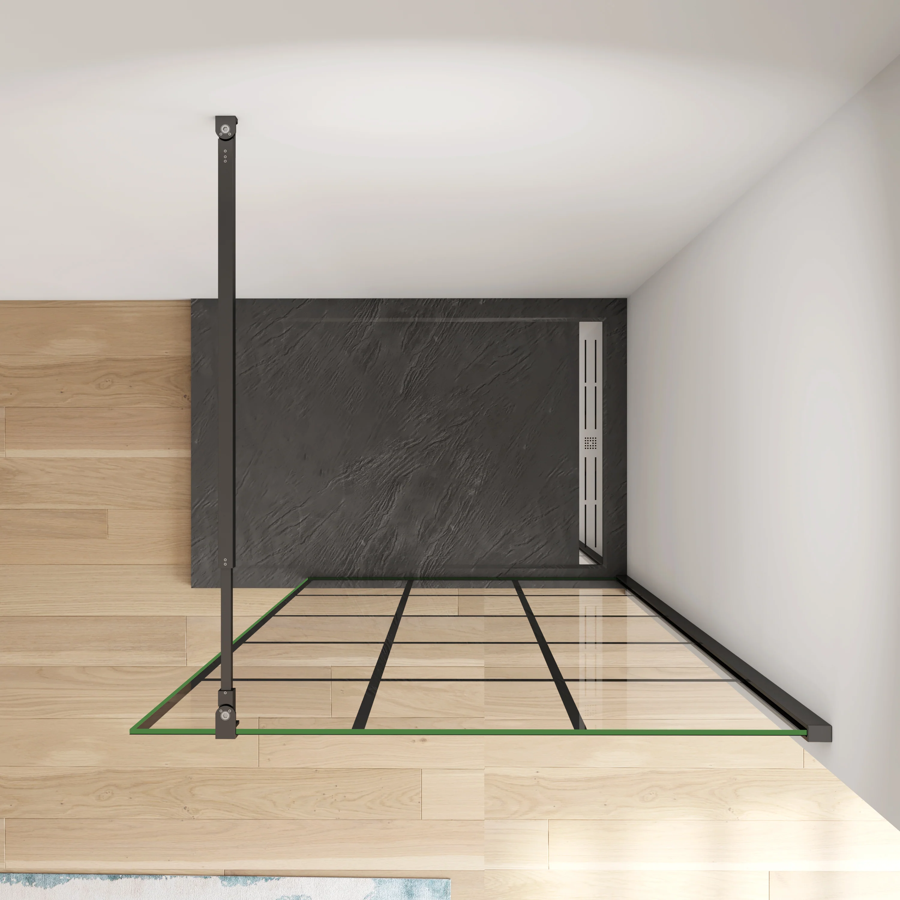 Aica Walk In  Box Doccia Parete Fissa in Vetro Temperato 8 mm Anticalcare Serigrafato Nero con Riquadri Barra Stabilizzatrice Telaio Nero Opaco - Image 3