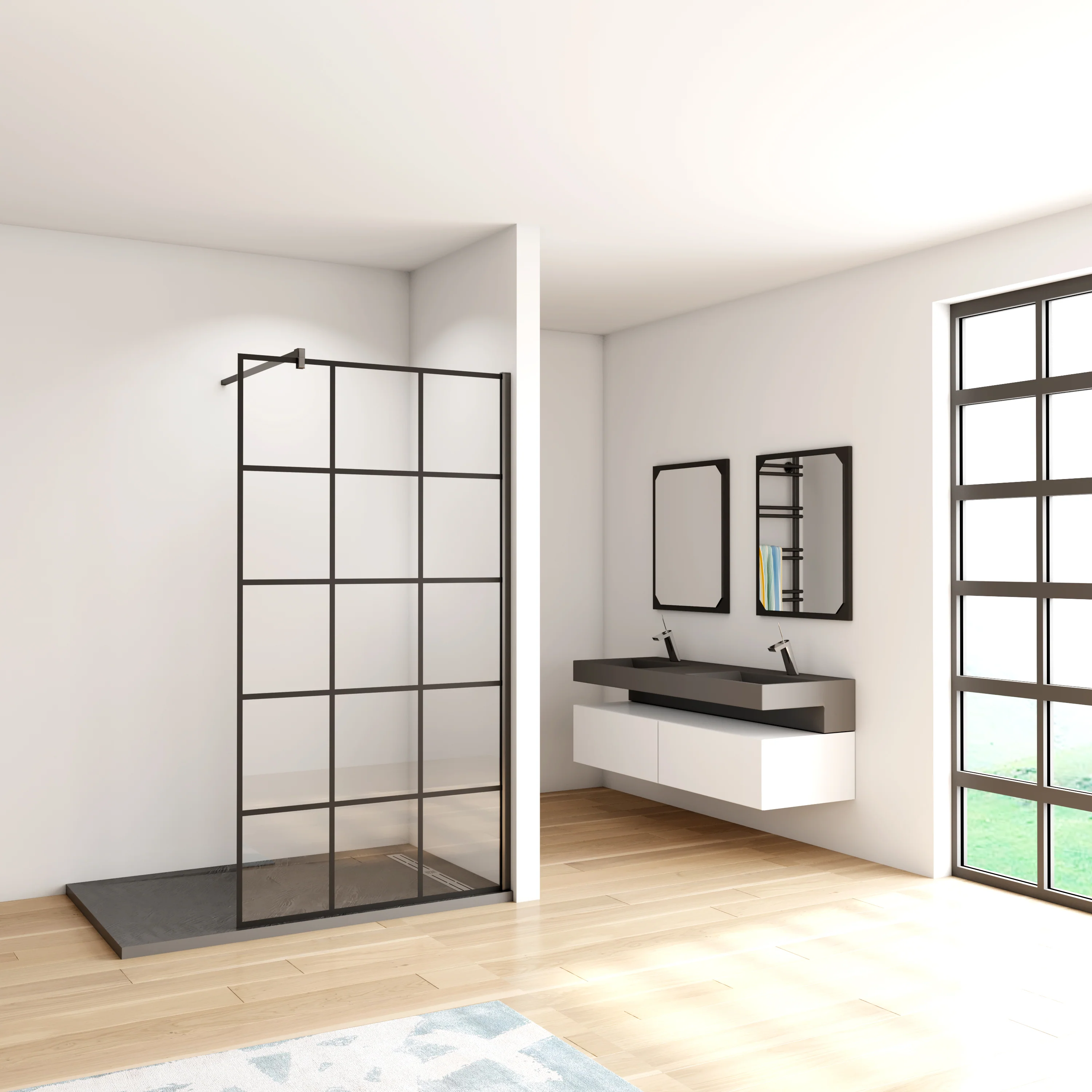 Aica Walk In  Box Doccia Parete Fissa in Vetro Temperato 8 mm Anticalcare Serigrafato Nero con Riquadri Barra Stabilizzatrice Telaio Nero Opaco - Image 6