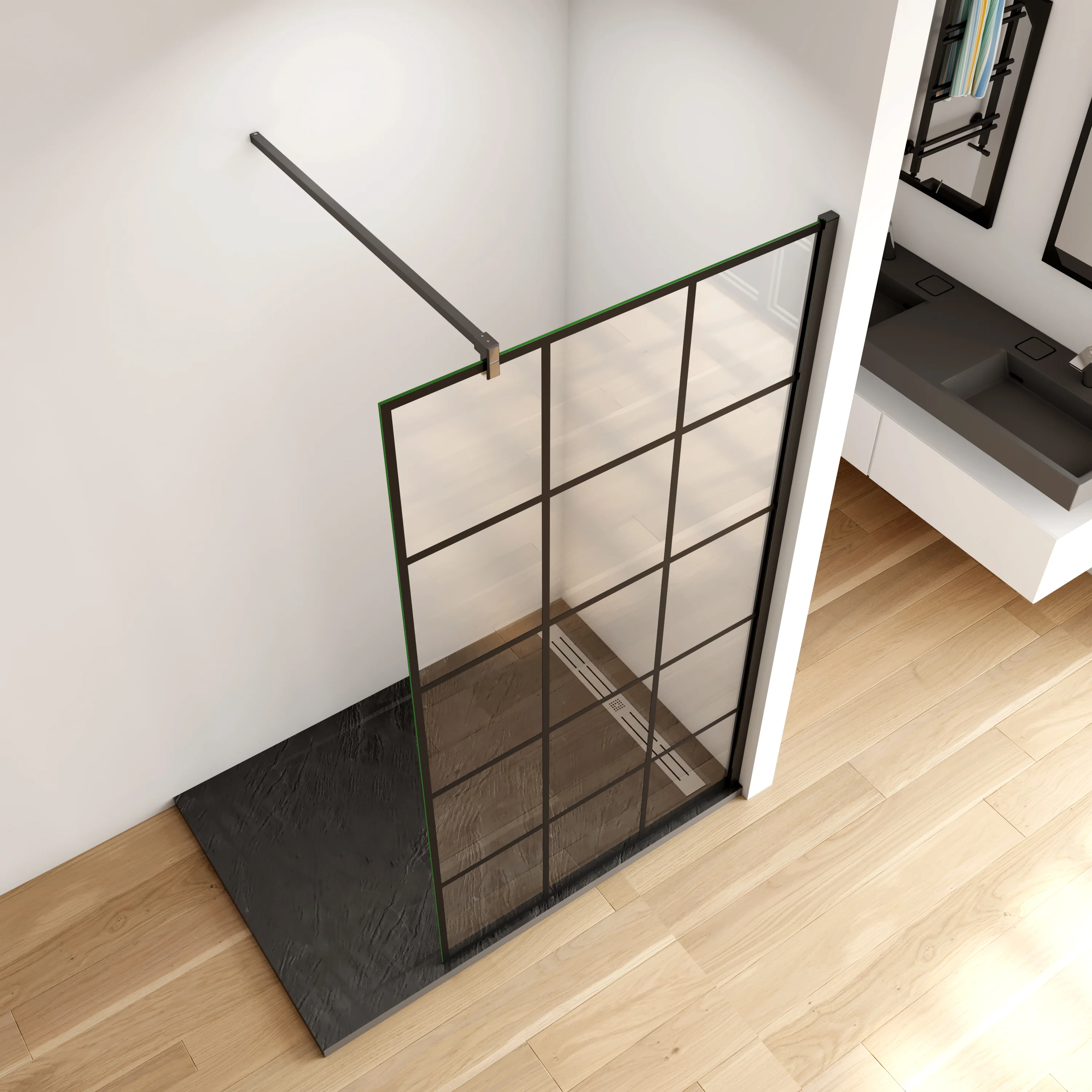 Aica Walk In  Box Doccia Parete Fissa in Vetro Temperato 8 mm Anticalcare Serigrafato Nero con Riquadri Barra Stabilizzatrice Telaio Nero Opaco - Image 7