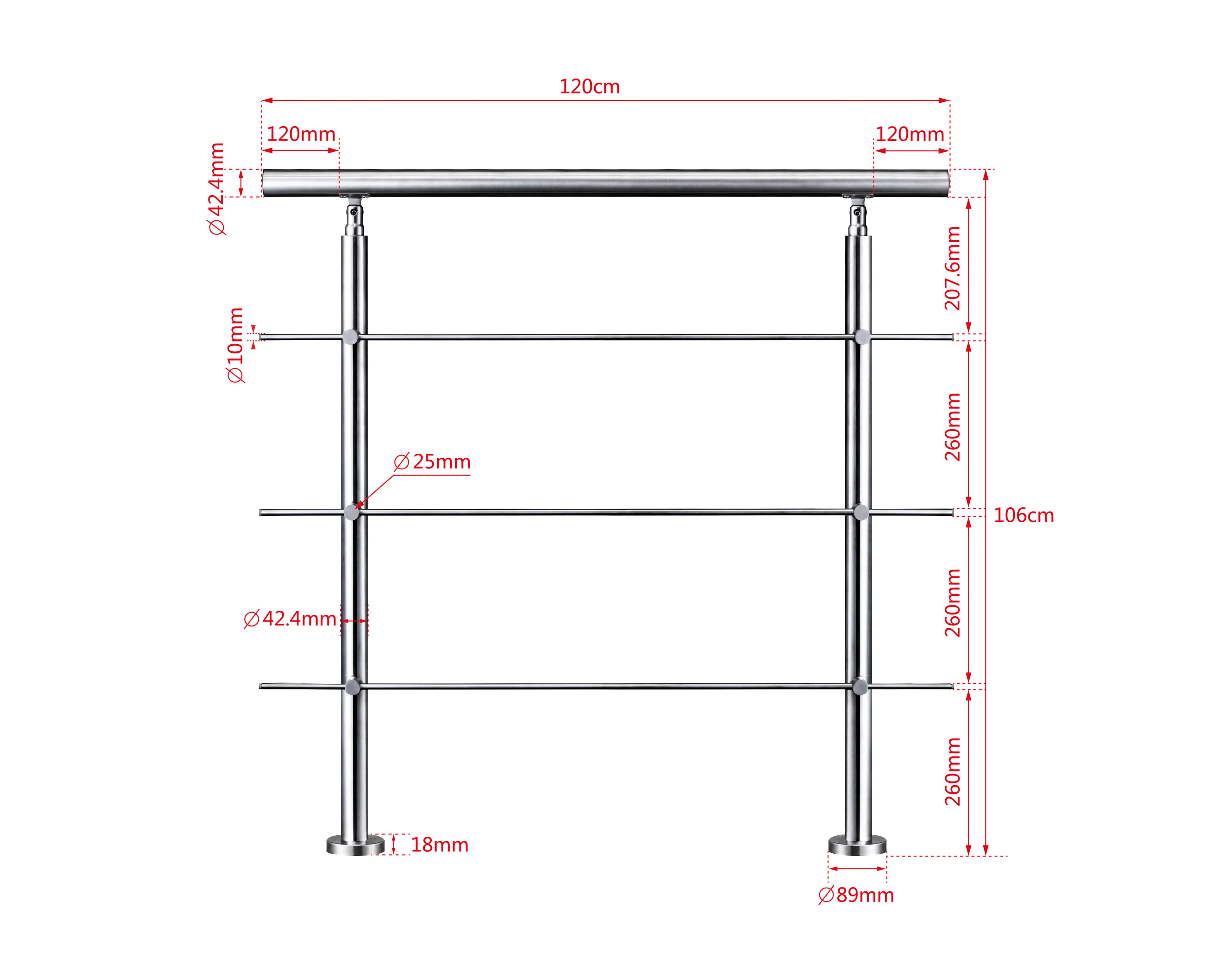 Ringhiera universale in acciaio inox 80-100-120-150-180-200-220-240 cm con 3 barre trasversali - Image 14