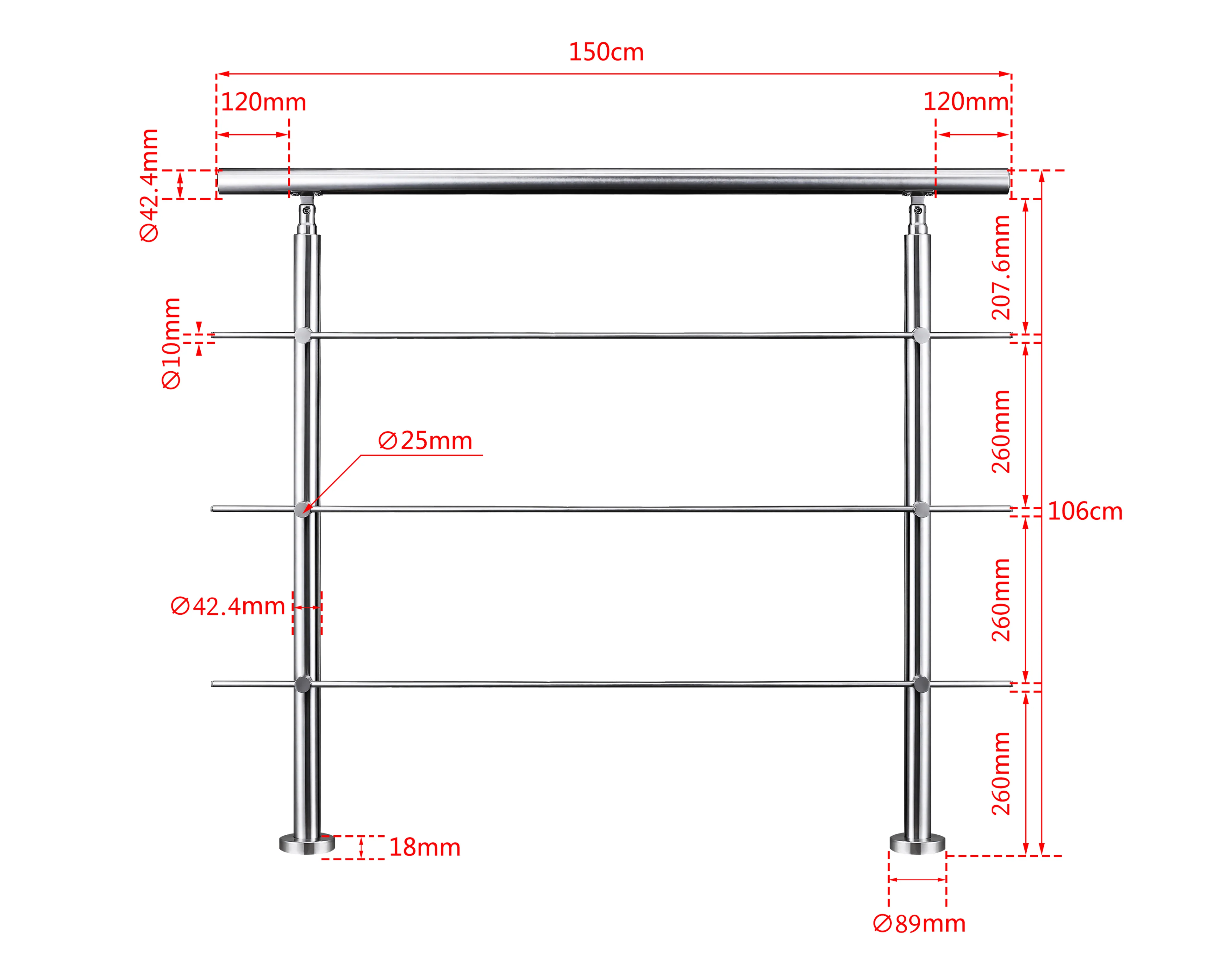 Ringhiera universale in acciaio inox 80-100-120-150-180-200-220-240 cm con 3 barre trasversali - Image 15