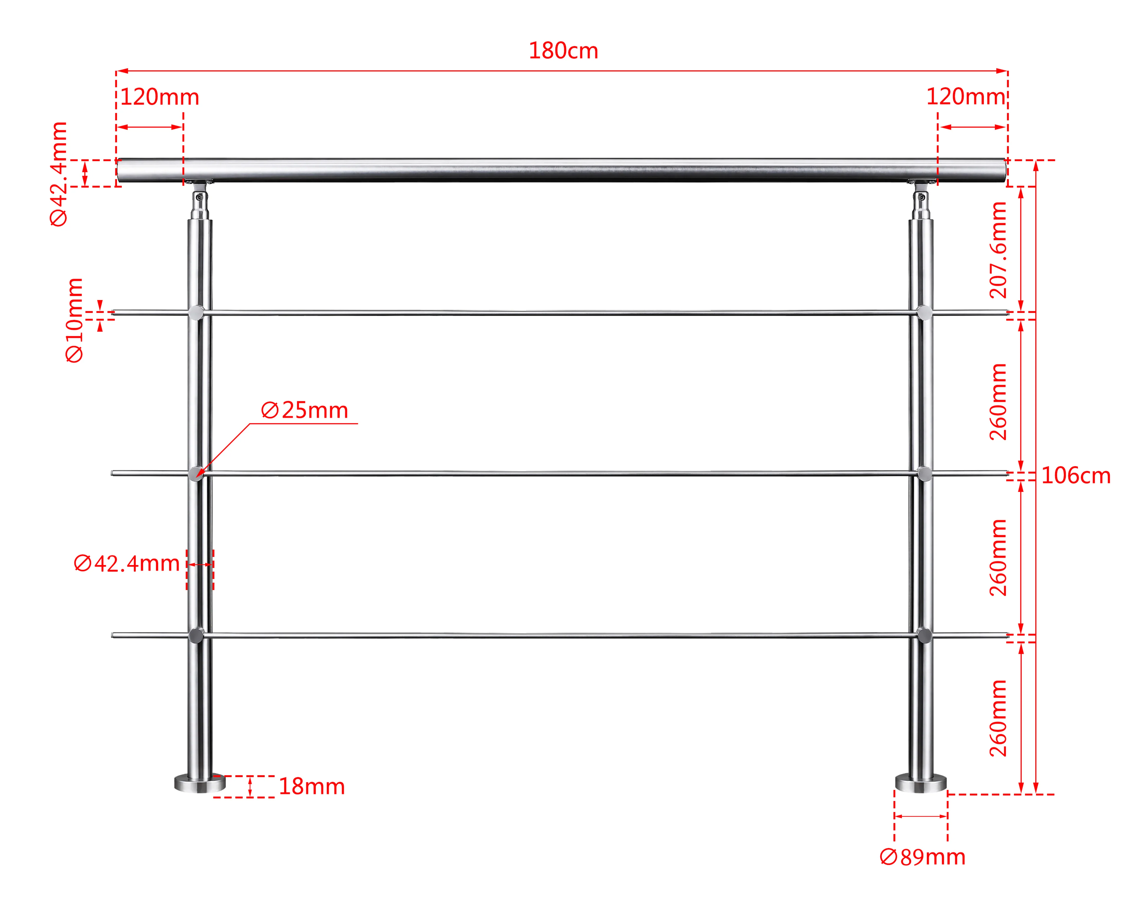 Ringhiera universale in acciaio inox 80-100-120-150-180-200-220-240 cm con 3 barre trasversali - Image 16