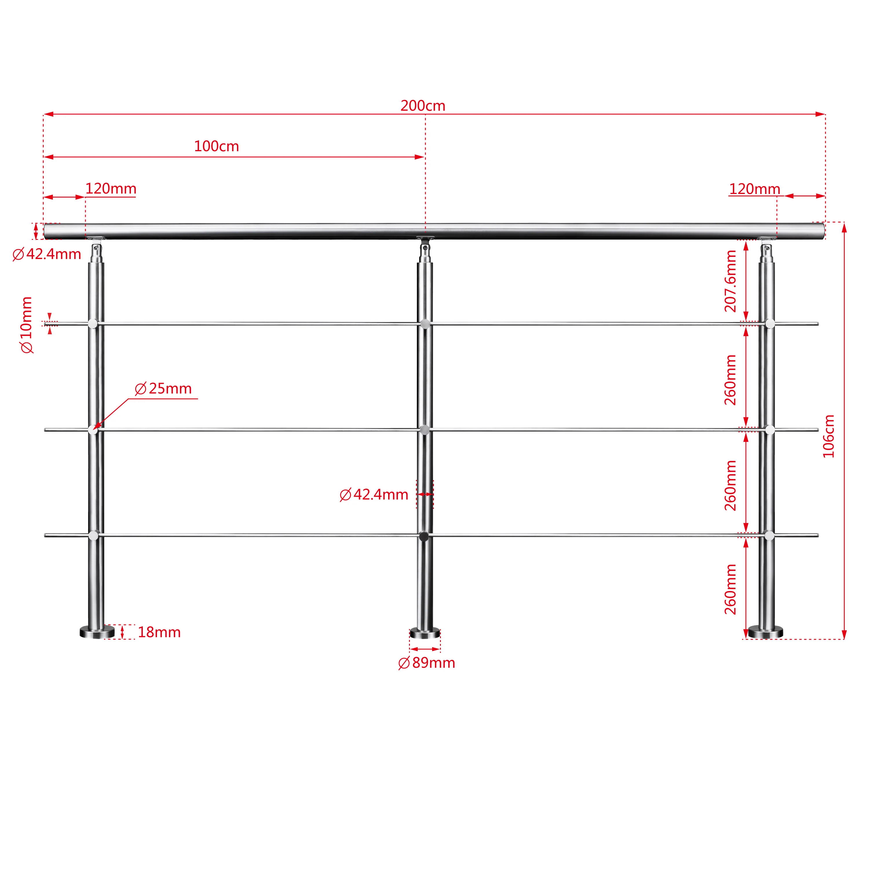 Ringhiera universale in acciaio inox 80-100-120-150-180-200-220-240 cm con 3 barre trasversali - Image 17