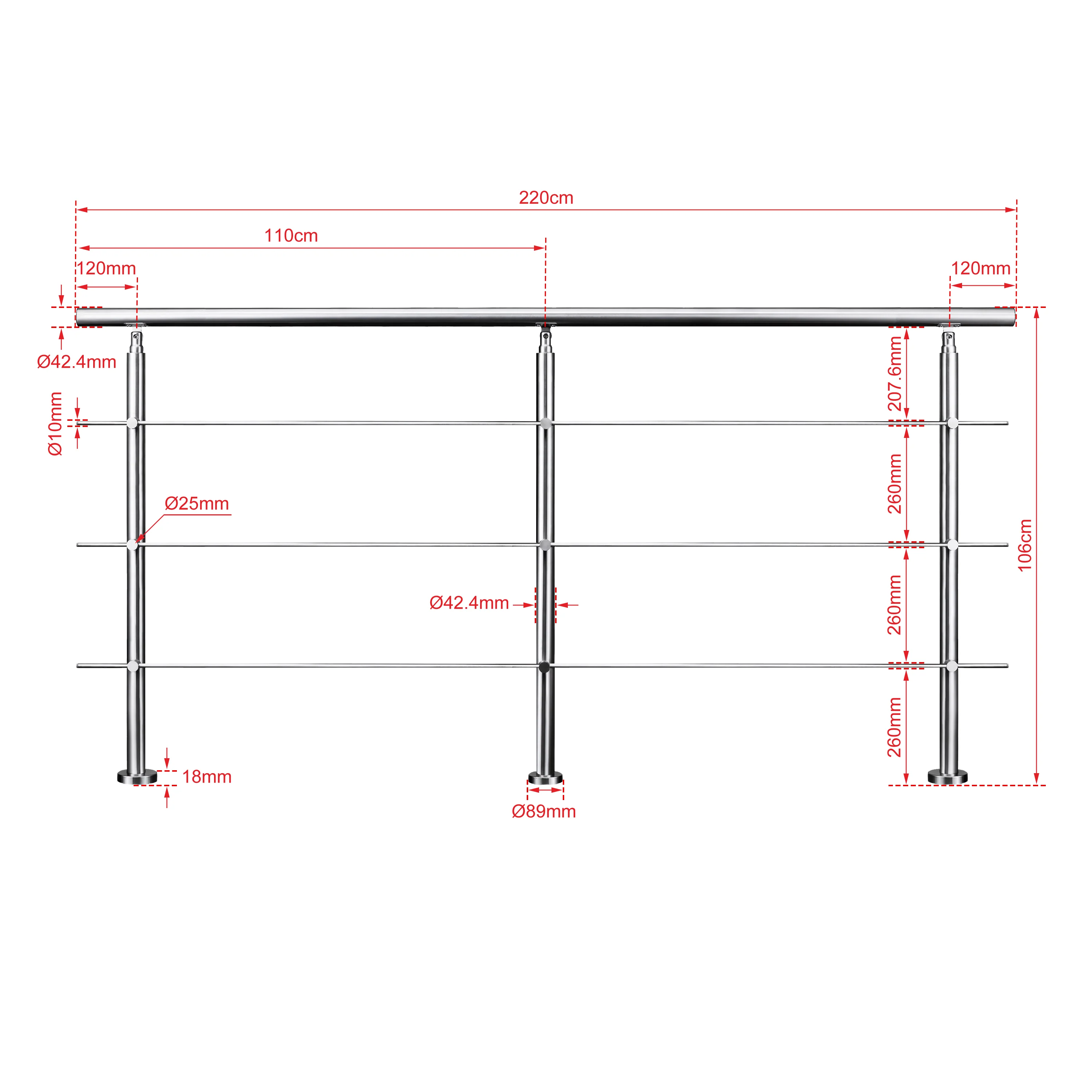 Ringhiera universale in acciaio inox 80-100-120-150-180-200-220-240 cm con 3 barre trasversali - Image 18