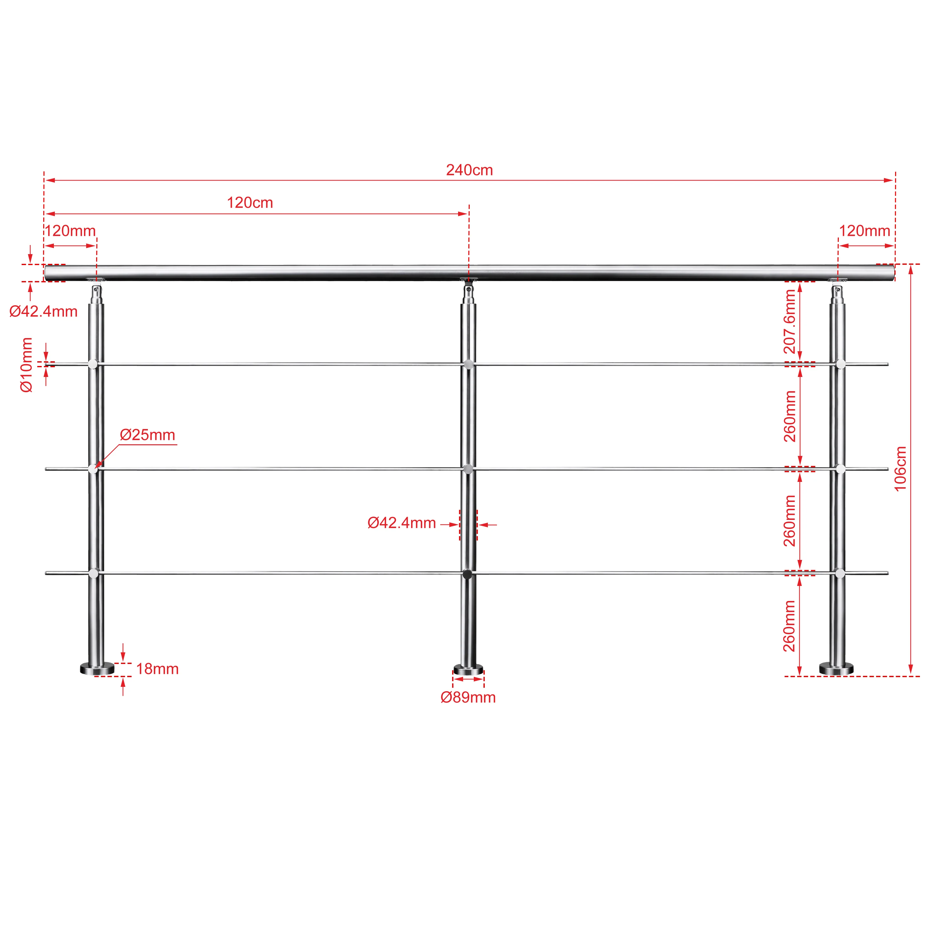 Ringhiera universale in acciaio inox 80-100-120-150-180-200-220-240 cm con 3 barre trasversali - Image 19