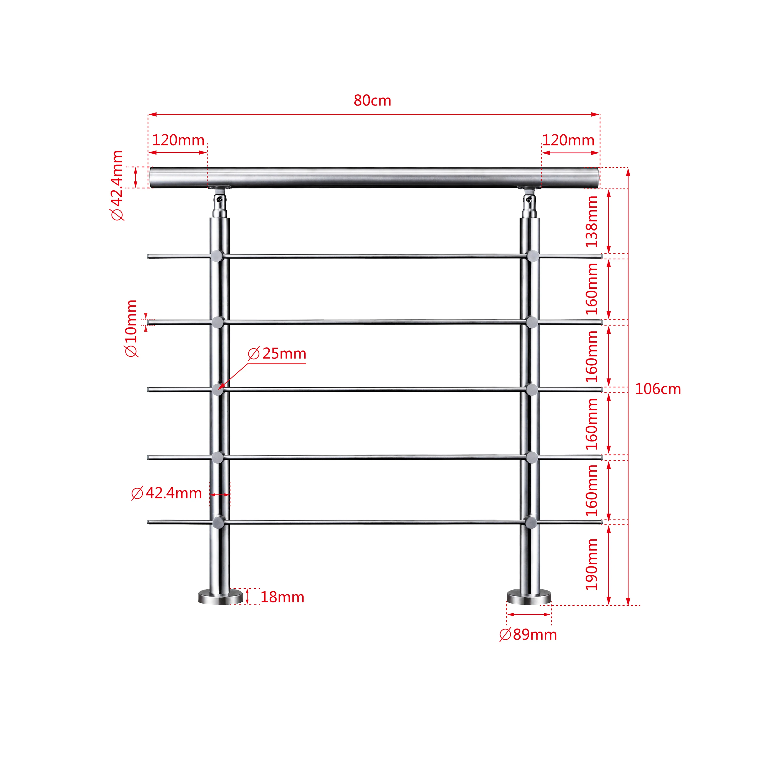 Ringhiera universale in acciaio inox 80-100-120-150-180-200-220-240 cm con 5 barre trasversali - Image 12