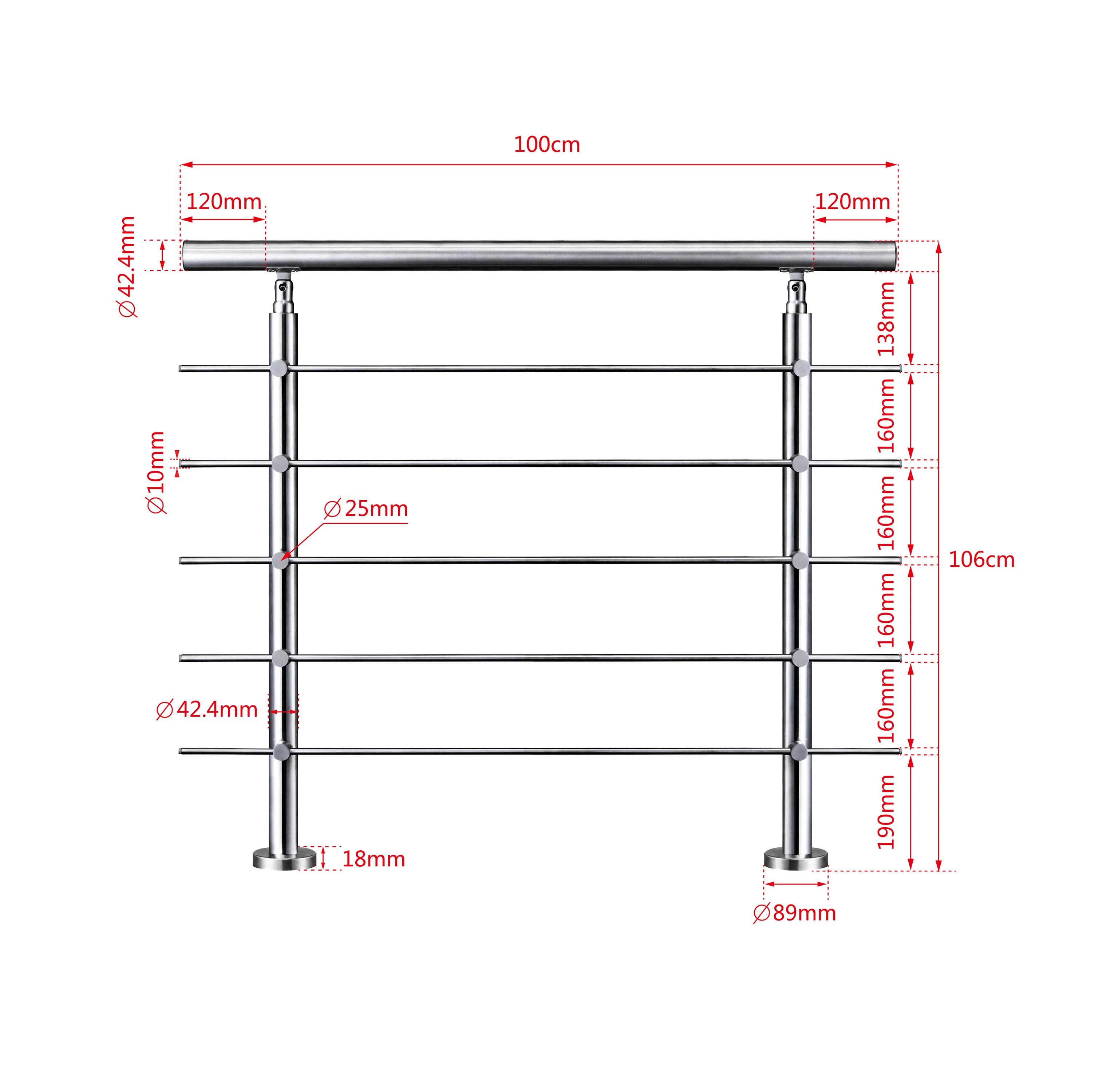 Ringhiera universale in acciaio inox 80-100-120-150-180-200-220-240 cm con 5 barre trasversali - Image 13