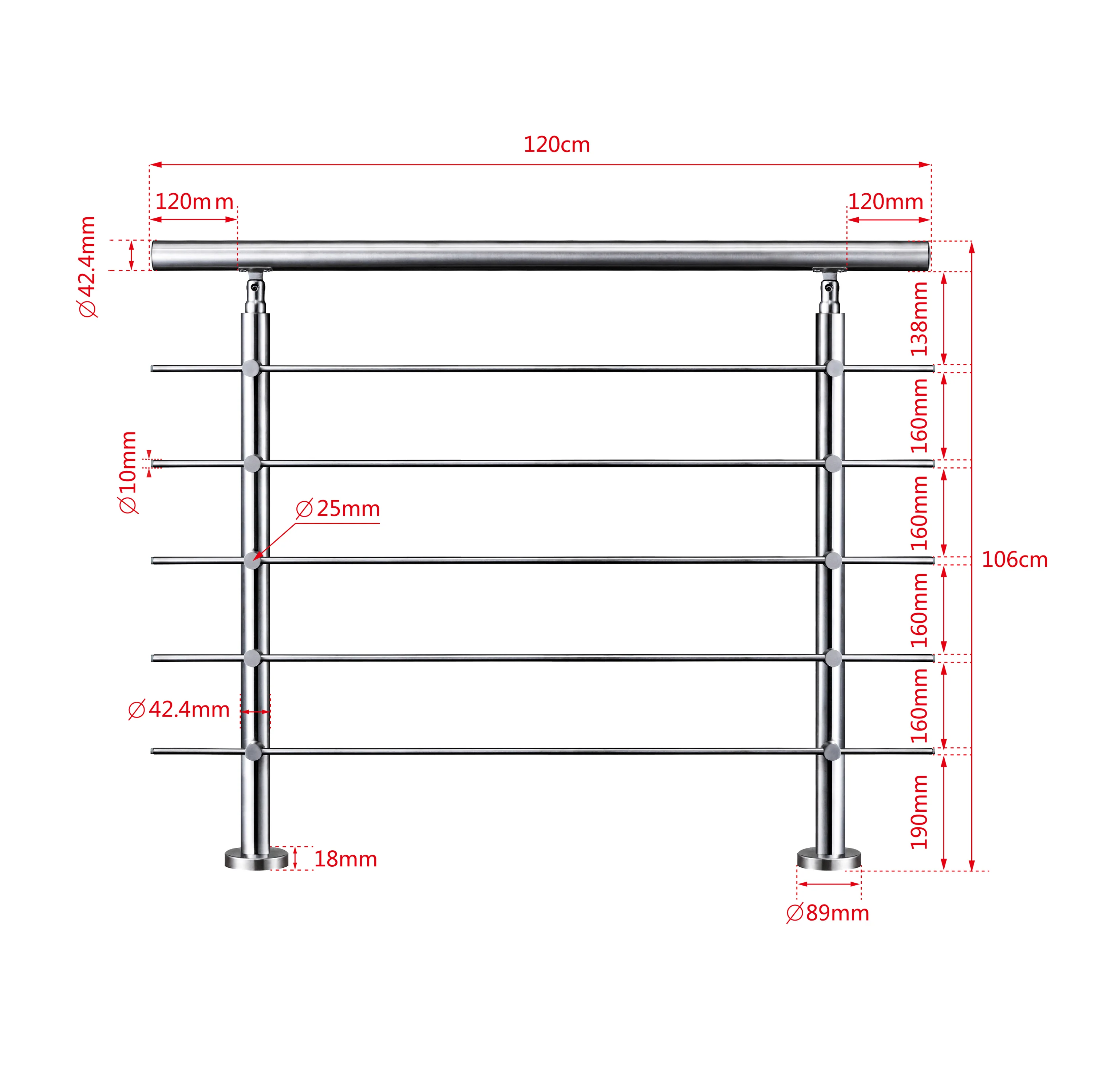 Ringhiera universale in acciaio inox 80-100-120-150-180-200-220-240 cm con 5 barre trasversali - Image 14
