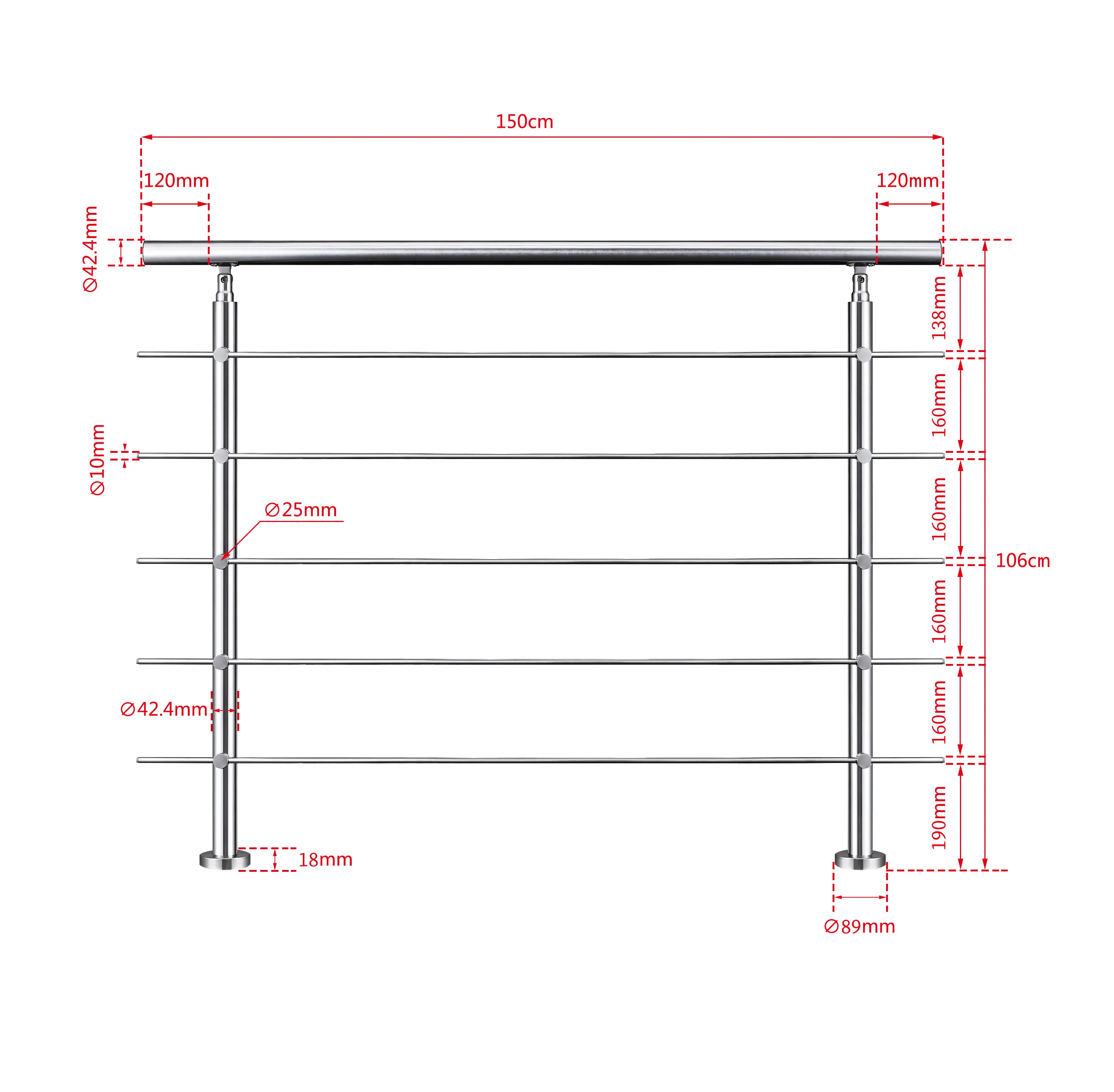 Ringhiera universale in acciaio inox 80-100-120-150-180-200-220-240 cm con 5 barre trasversali - Image 15