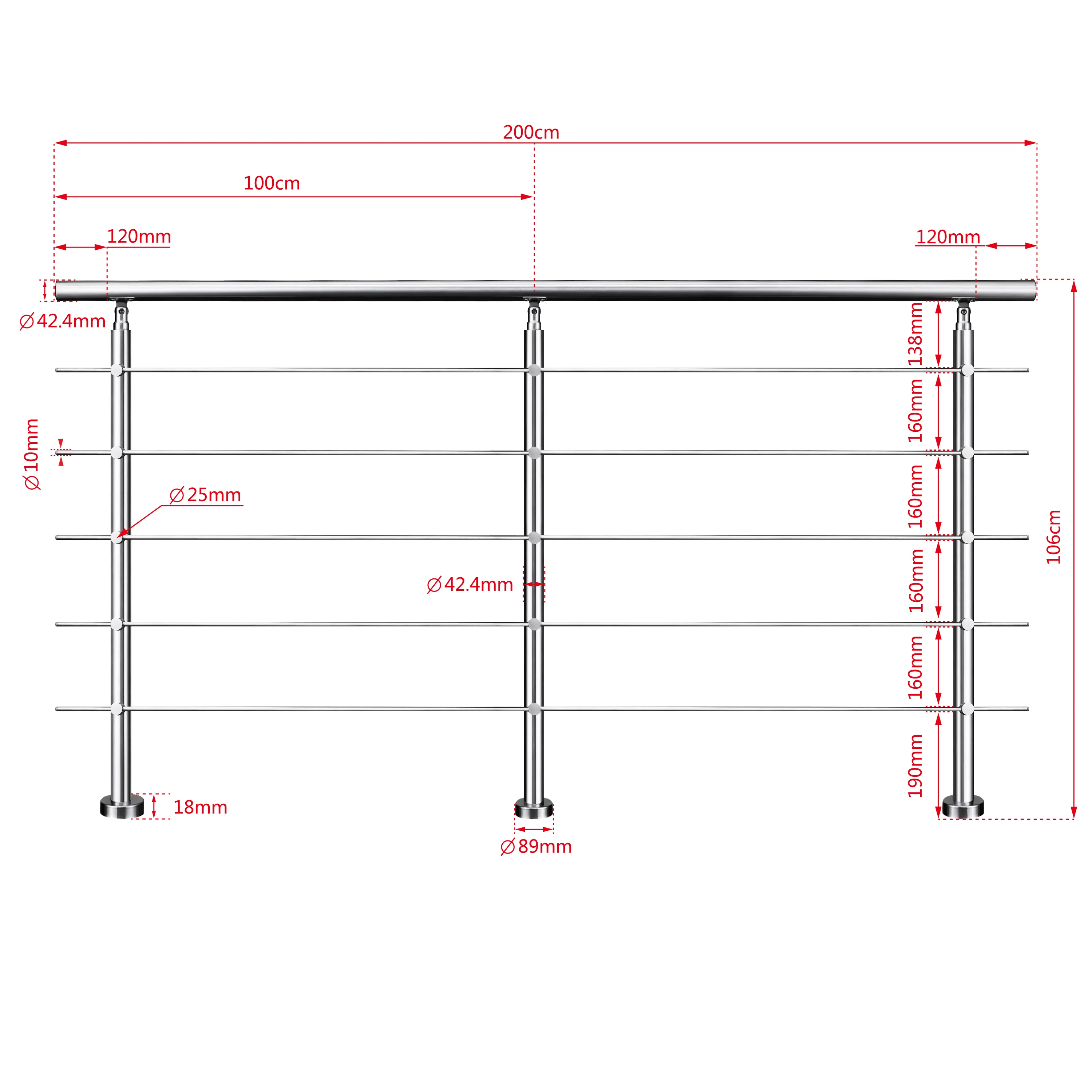 Ringhiera universale in acciaio inox 80-100-120-150-180-200-220-240 cm con 5 barre trasversali - Image 17