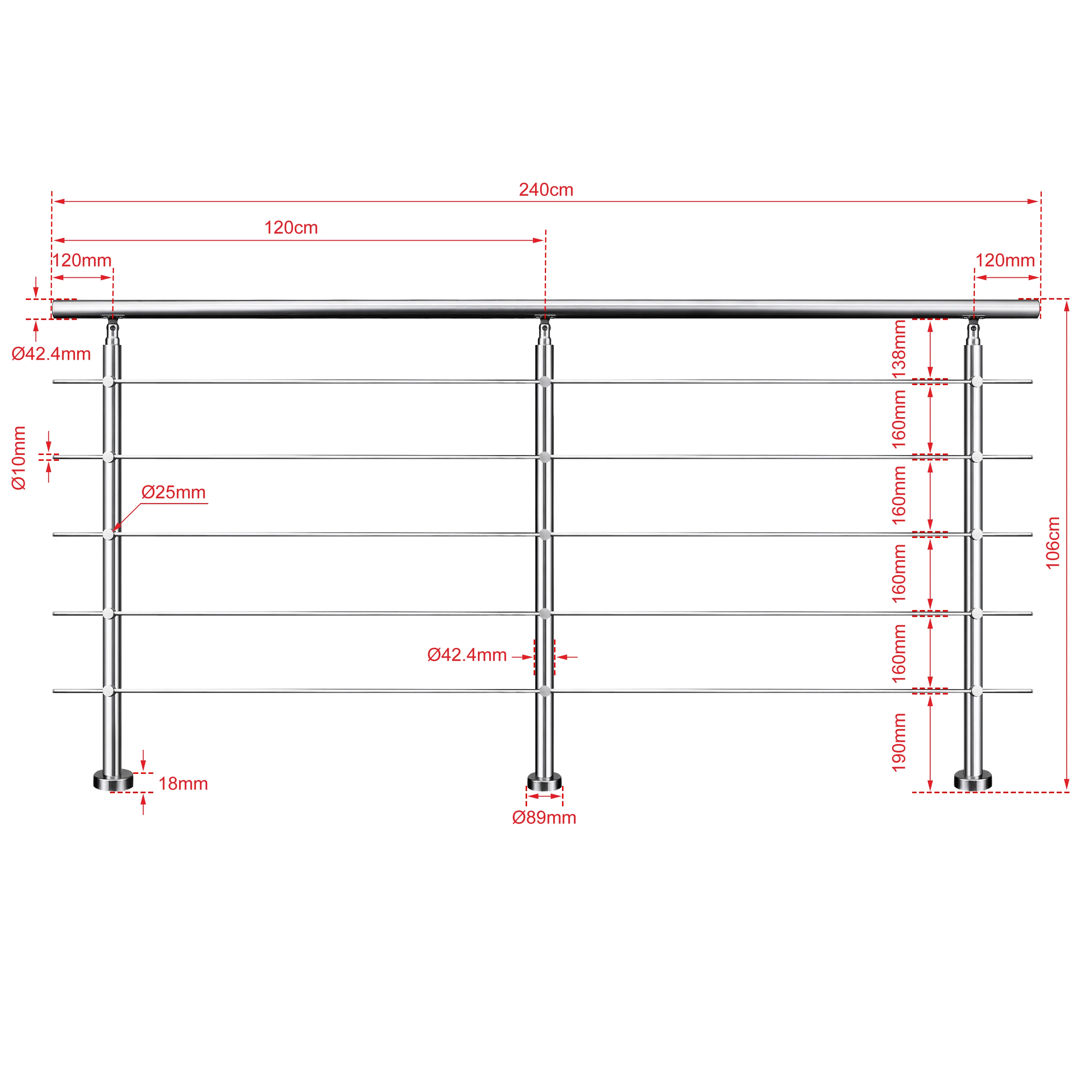 Ringhiera universale in acciaio inox 80-100-120-150-180-200-220-240 cm con 5 barre trasversali - Image 18