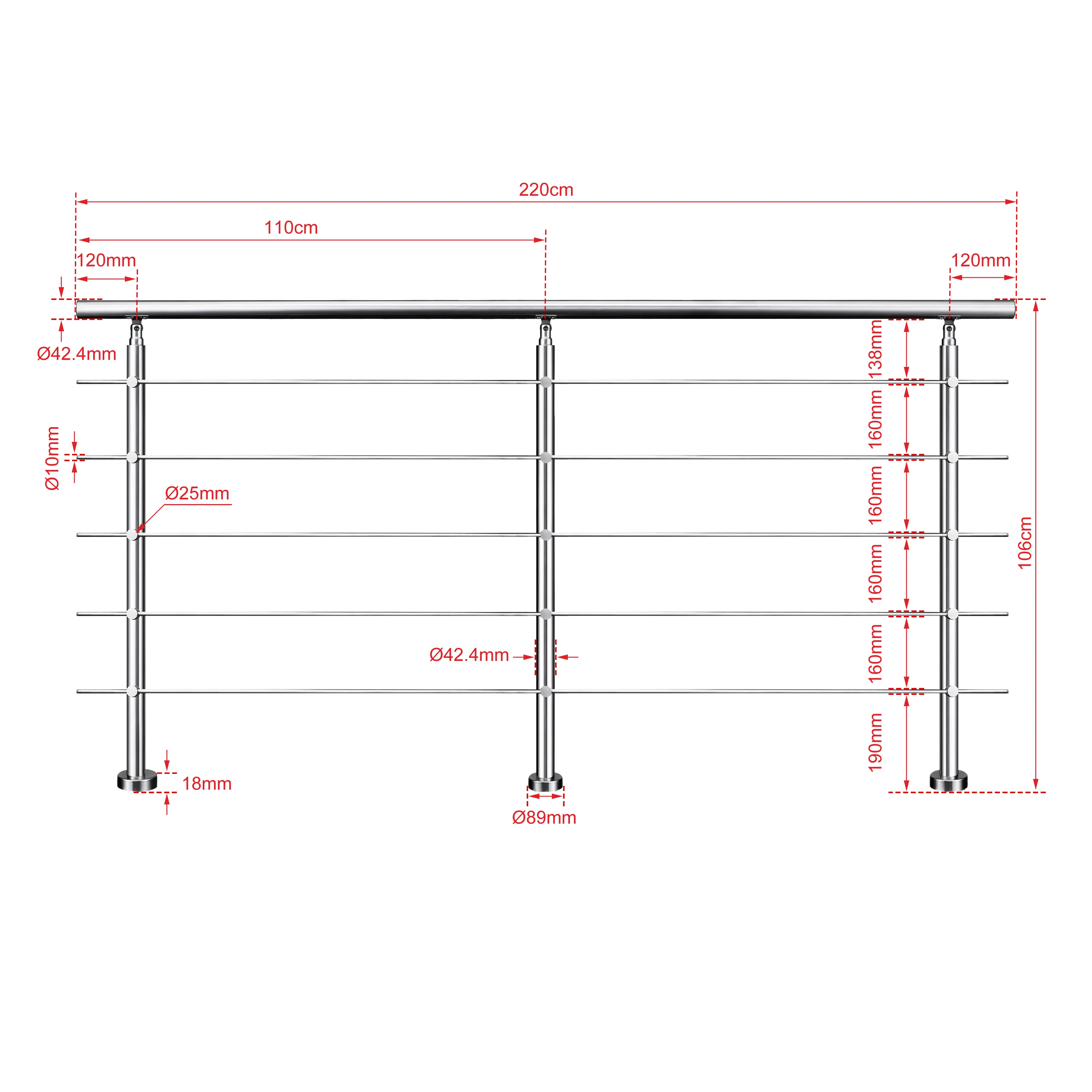 Ringhiera universale in acciaio inox 80-100-120-150-180-200-220-240 cm con 5 barre trasversali - Image 19