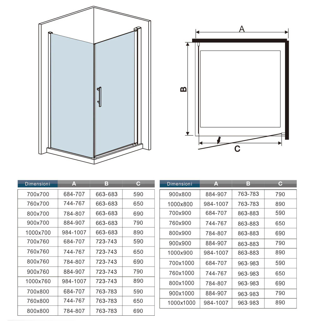 Aica 187cm Box Doccia Angolare Porta Battente Vetro 6 mm Temperato Anticalcare Telaio e Barra Stabilizzatrice Cromato Lucido varie dimensioni - Image 15