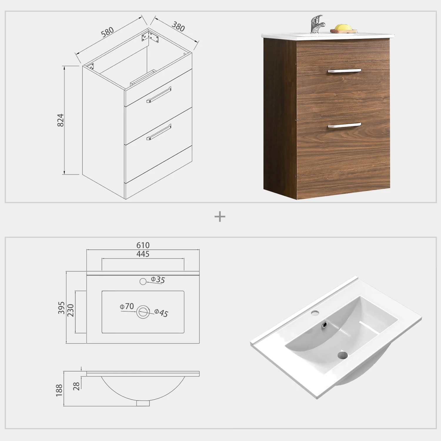 Aica Mobile Bagno 60cm Salvaspazi , con lavabo in Ceramica e 2 cassetti - Image 4