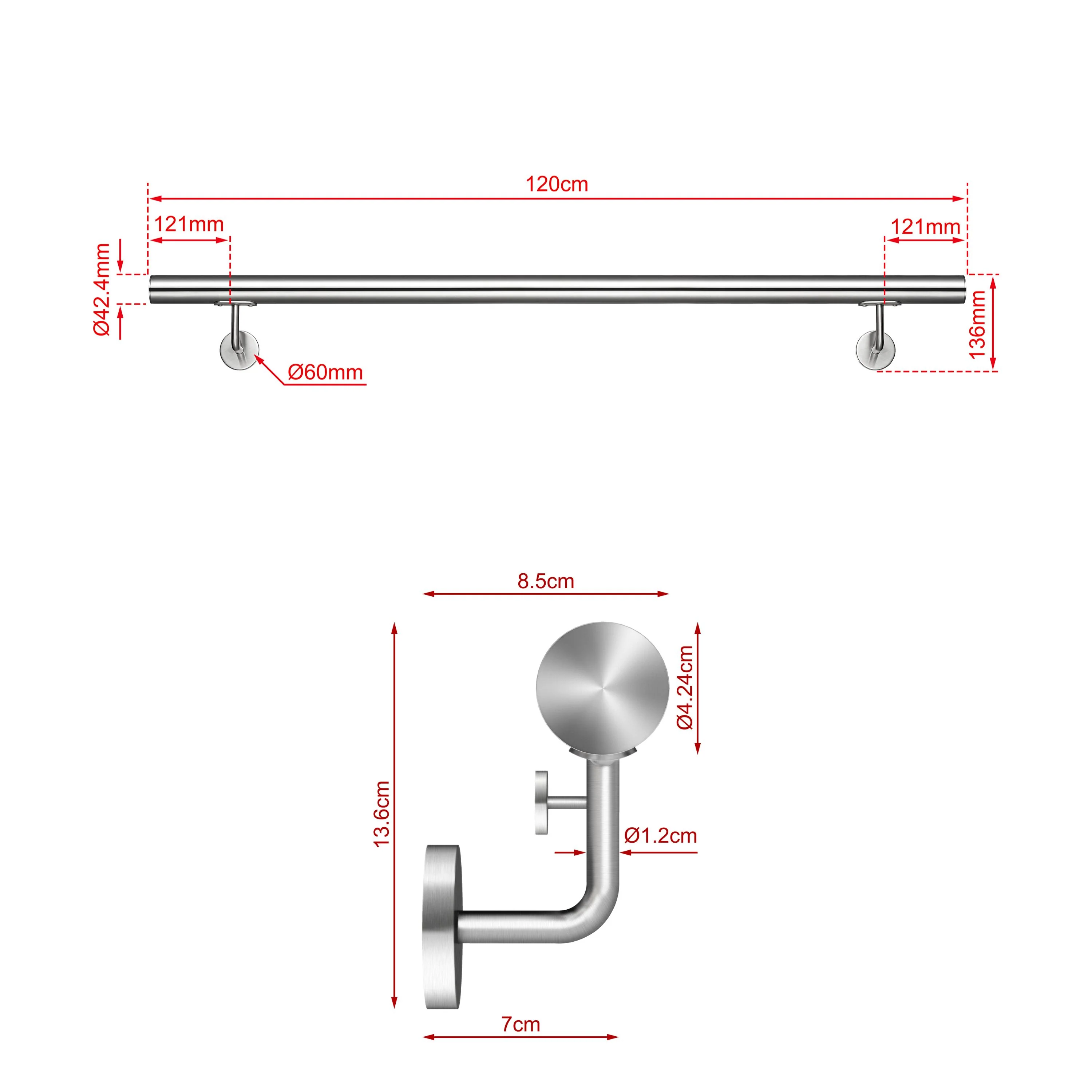 Corrimano Inox 304 Satinato 80-100-120-150-180-200-220-240 cm per Pareti Interne ed Esterne - Image 4