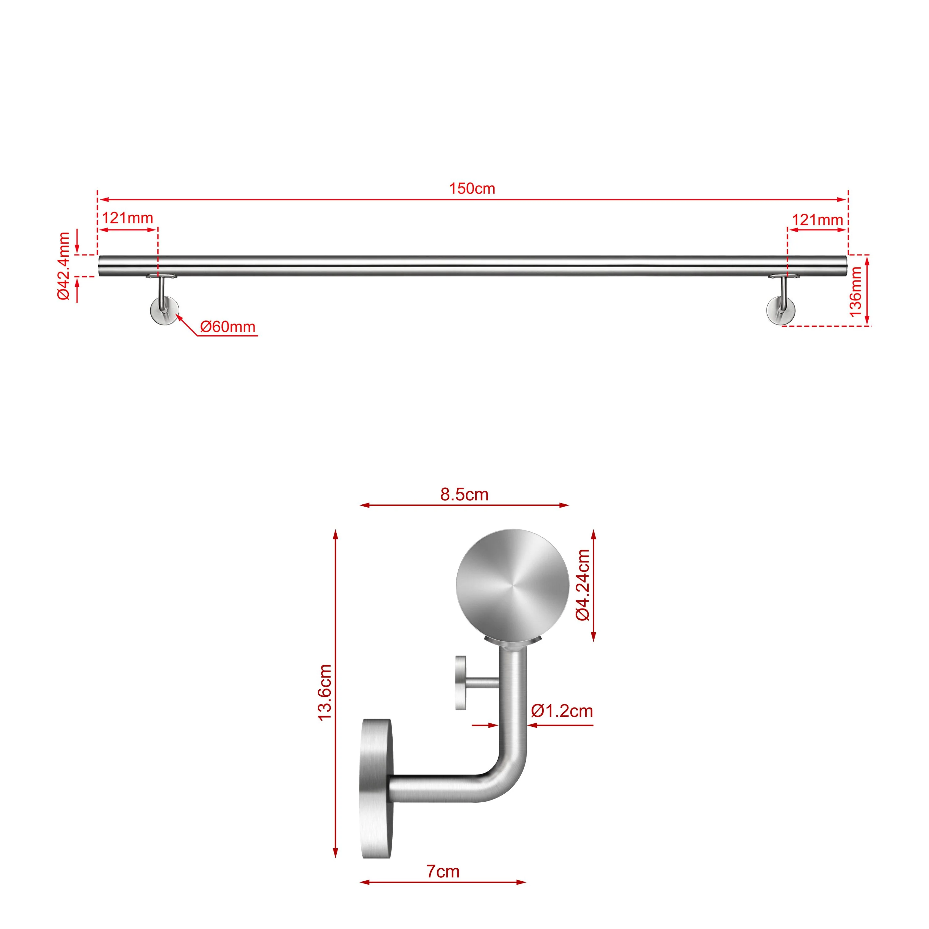 Corrimano Inox 304 Satinato 80-100-120-150-180-200-220-240 cm per Pareti Interne ed Esterne - Image 5