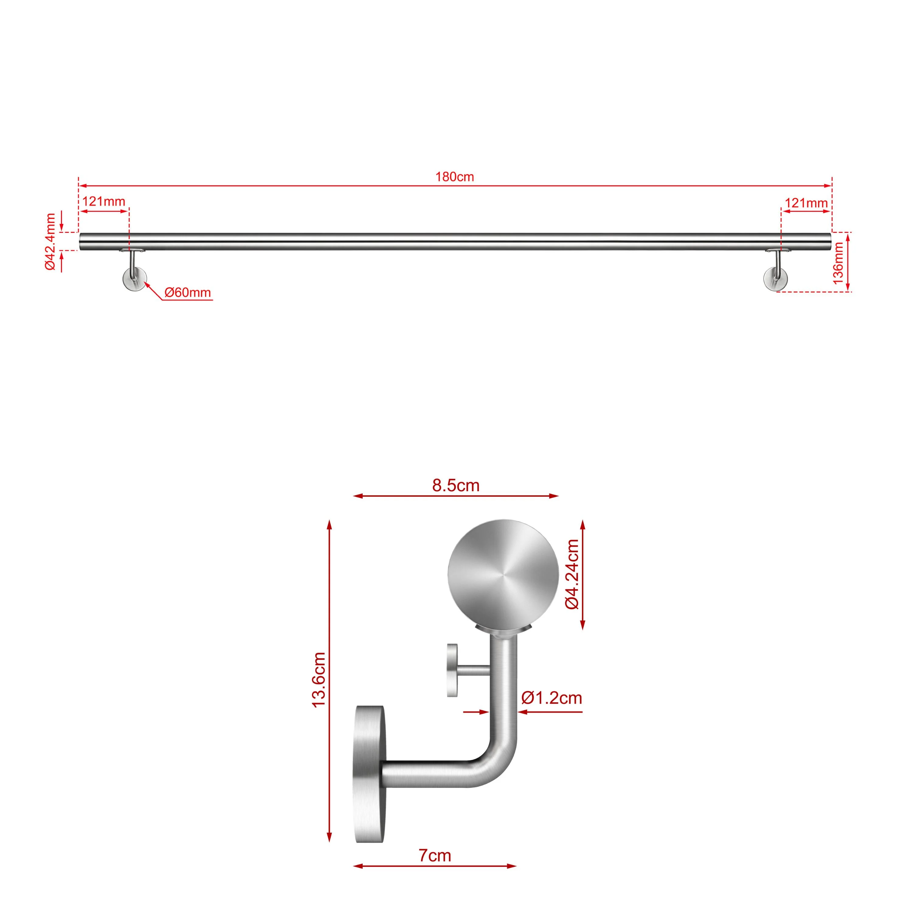Corrimano Inox 304 Satinato 80-100-120-150-180-200-220-240 cm per Pareti Interne ed Esterne - Image 6