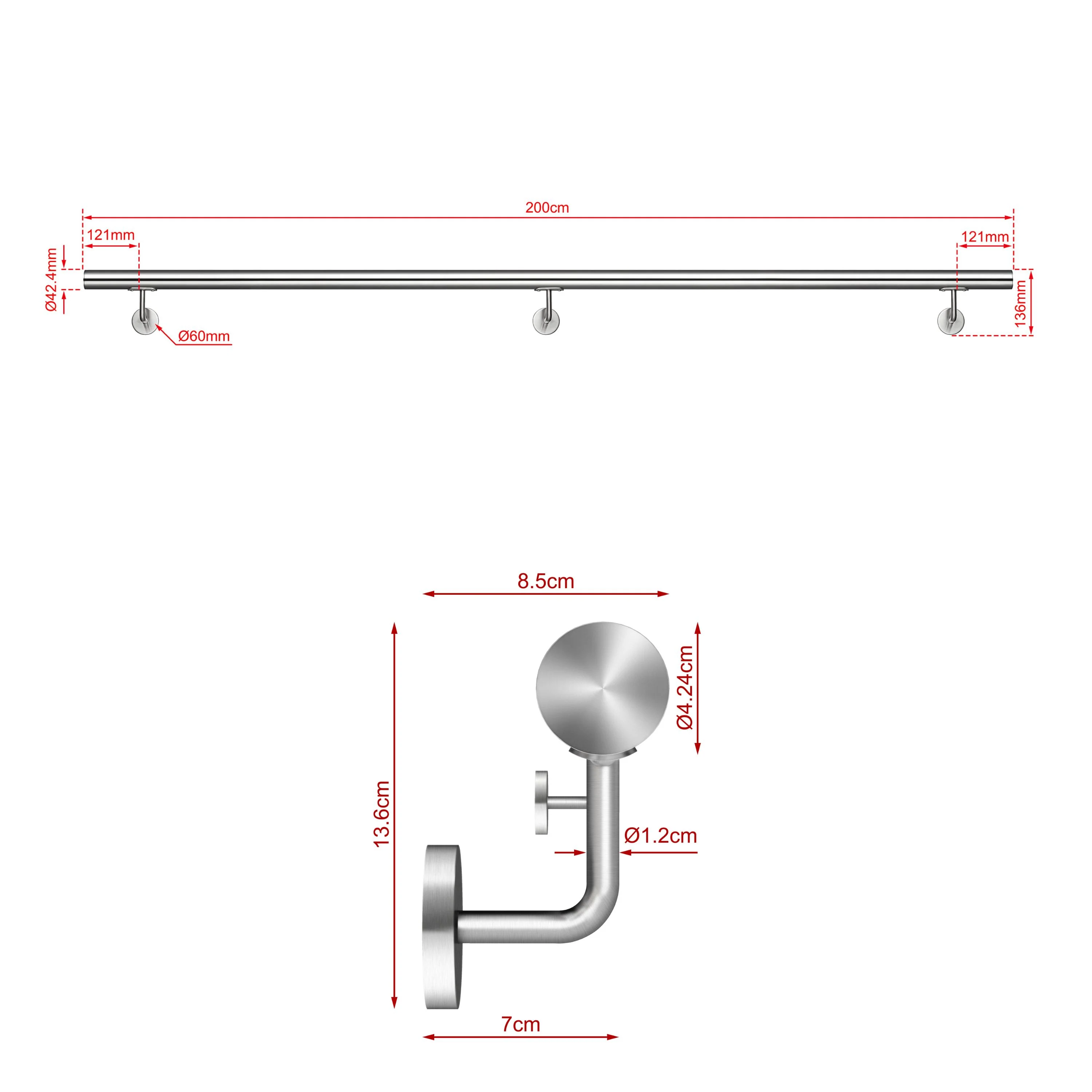 Corrimano Inox 304 Satinato 80-100-120-150-180-200-220-240 cm per Pareti Interne ed Esterne - Image 7