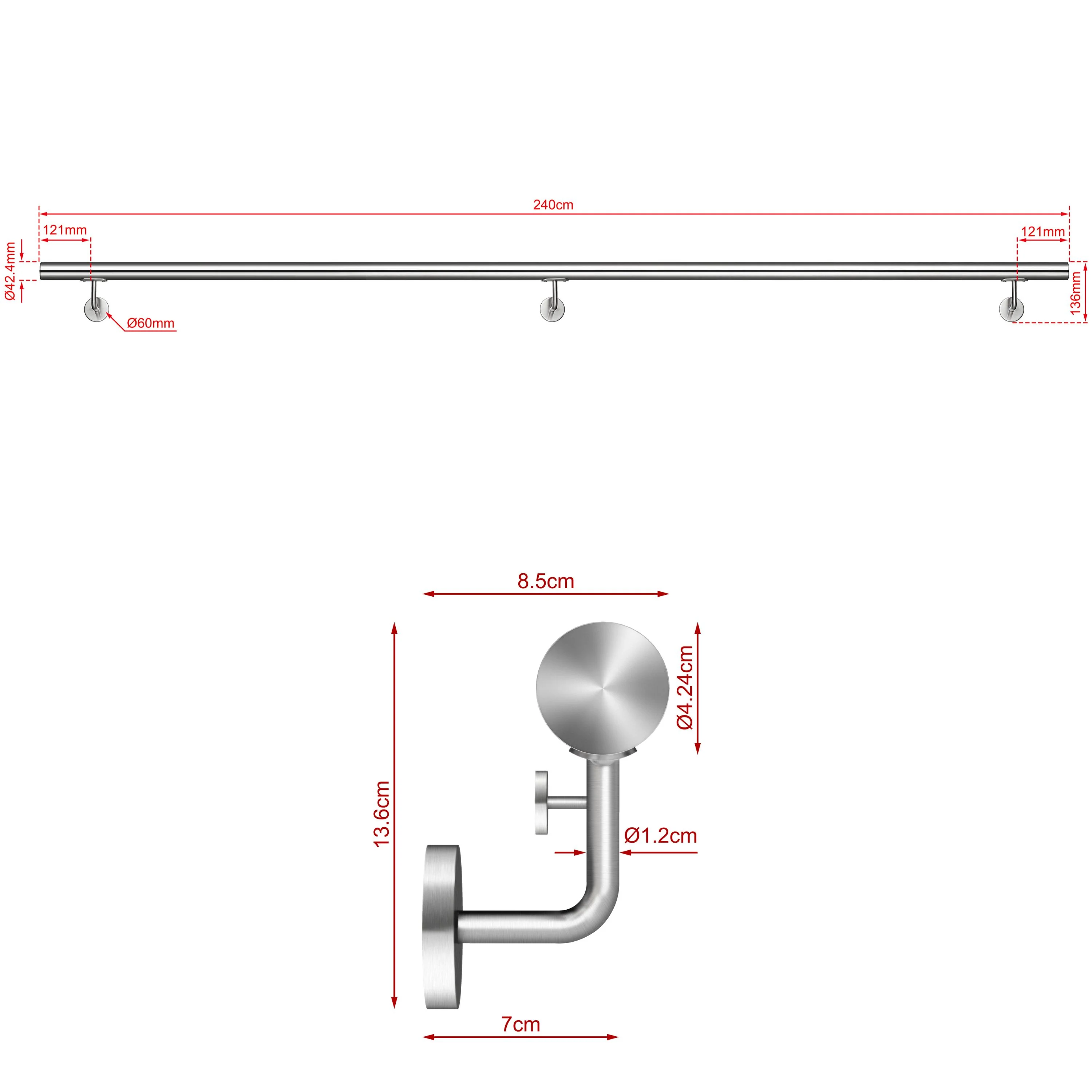 Corrimano Inox 304 Satinato 80-100-120-150-180-200-220-240 cm per Pareti Interne ed Esterne - Image 9