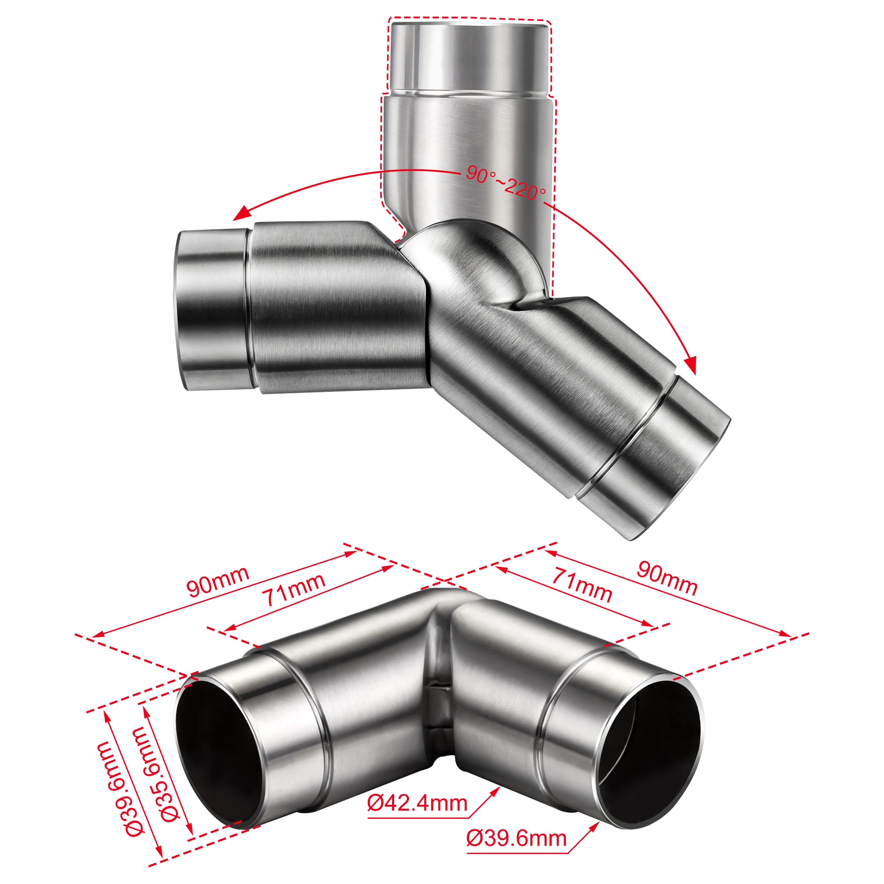 Kit Connettore Dritto/Angolo Regolabile  per Ringhiere in Acciaio Inox 304 Diametro 42.4 mm Configuratore per Corrimano per Ringhiere a 3/5 Traversi - Image 4
