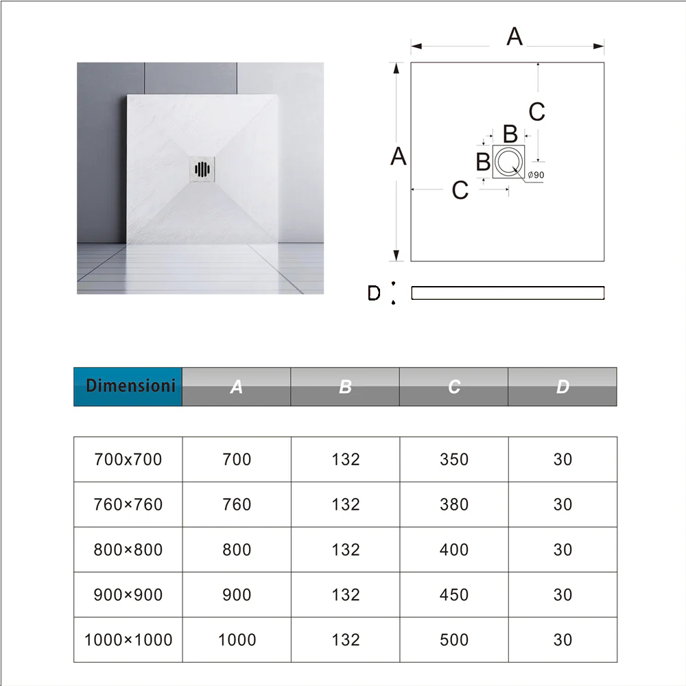 Piatto Doccia Bianco in Marmo Resina Mista Effetto Ardesia Ruvido Piletta e Tubo inclusi Spessore di 3cm Ultraslim - Image 8