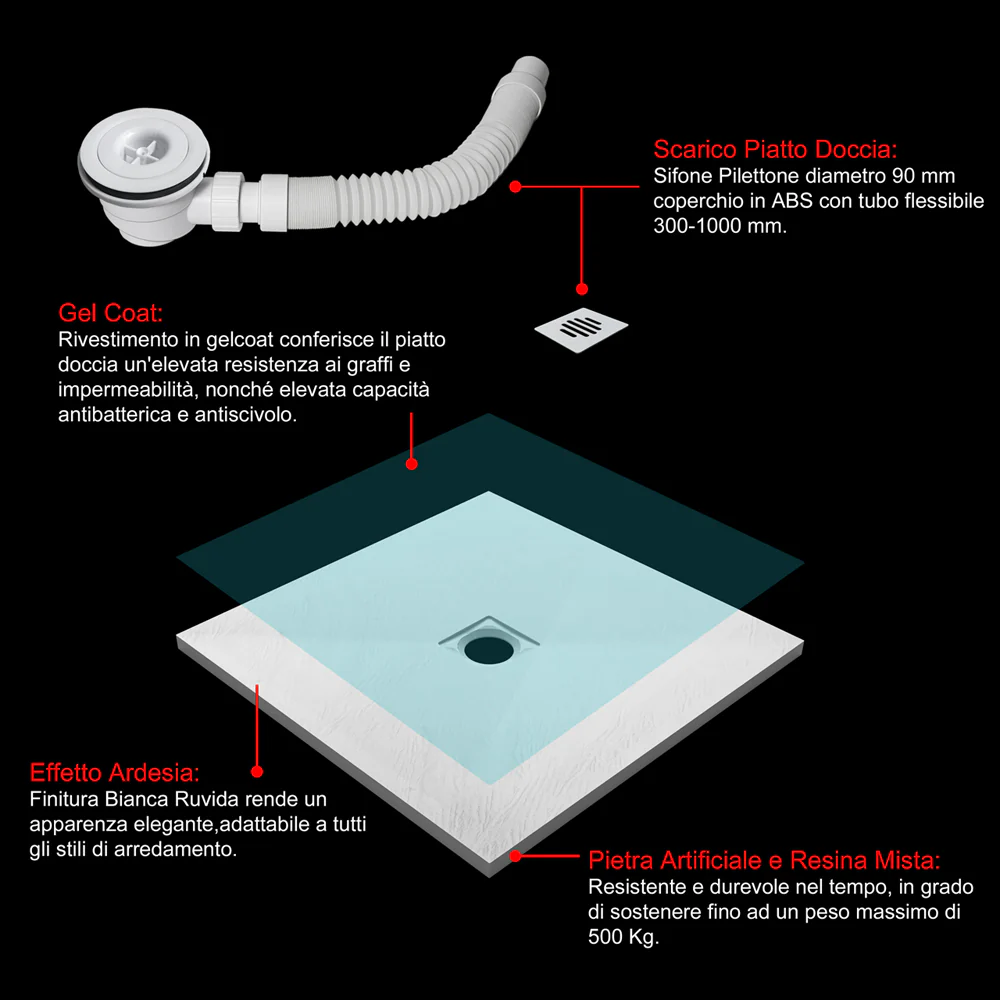Piatto Doccia Bianco in Marmo Resina Mista Effetto Ardesia Ruvido Piletta e Tubo inclusi Spessore di 3cm Ultraslim - Image 9