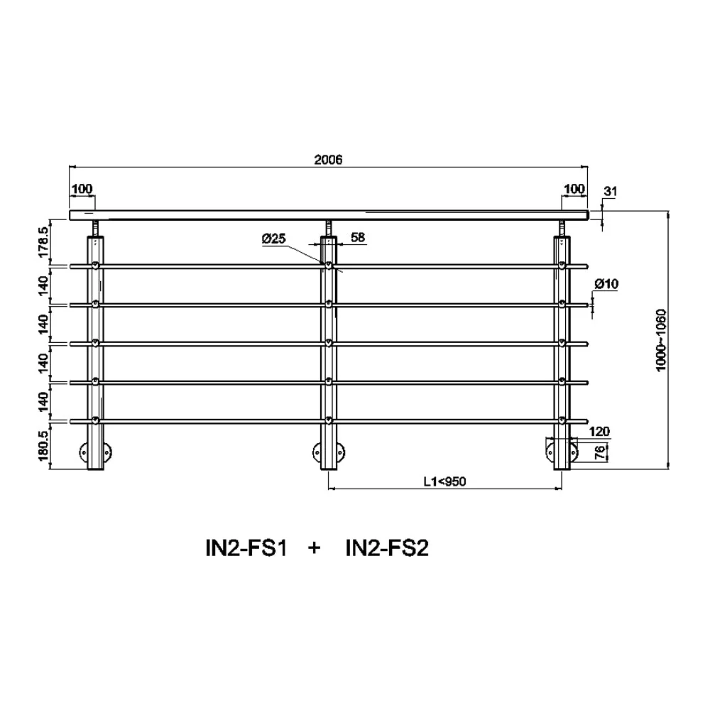 Ringhiera Parapetto in Alluminio Argento o Nero Opaco 200x100cm per interni ed esterni a Fissaggio a Parete - Image 3